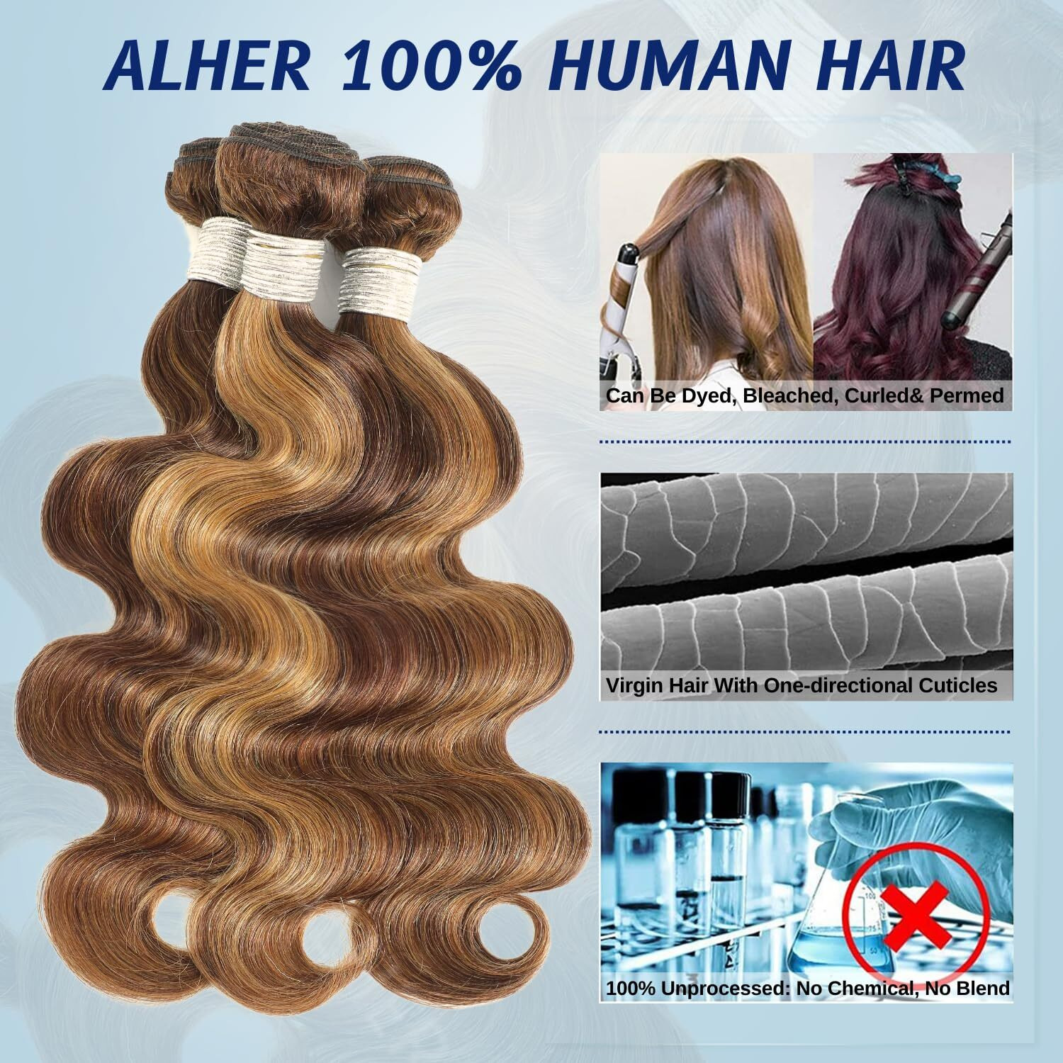 Alher True 4/27 Body Wave Honey Blonde Highlight Ombre Colored 3 Human Hair Bundles 16 16 16 Inch 12A 100% Brazilian Virgin Remy Human Hair Soft Thick Wavy Sew In Weave Highlight Piano Color