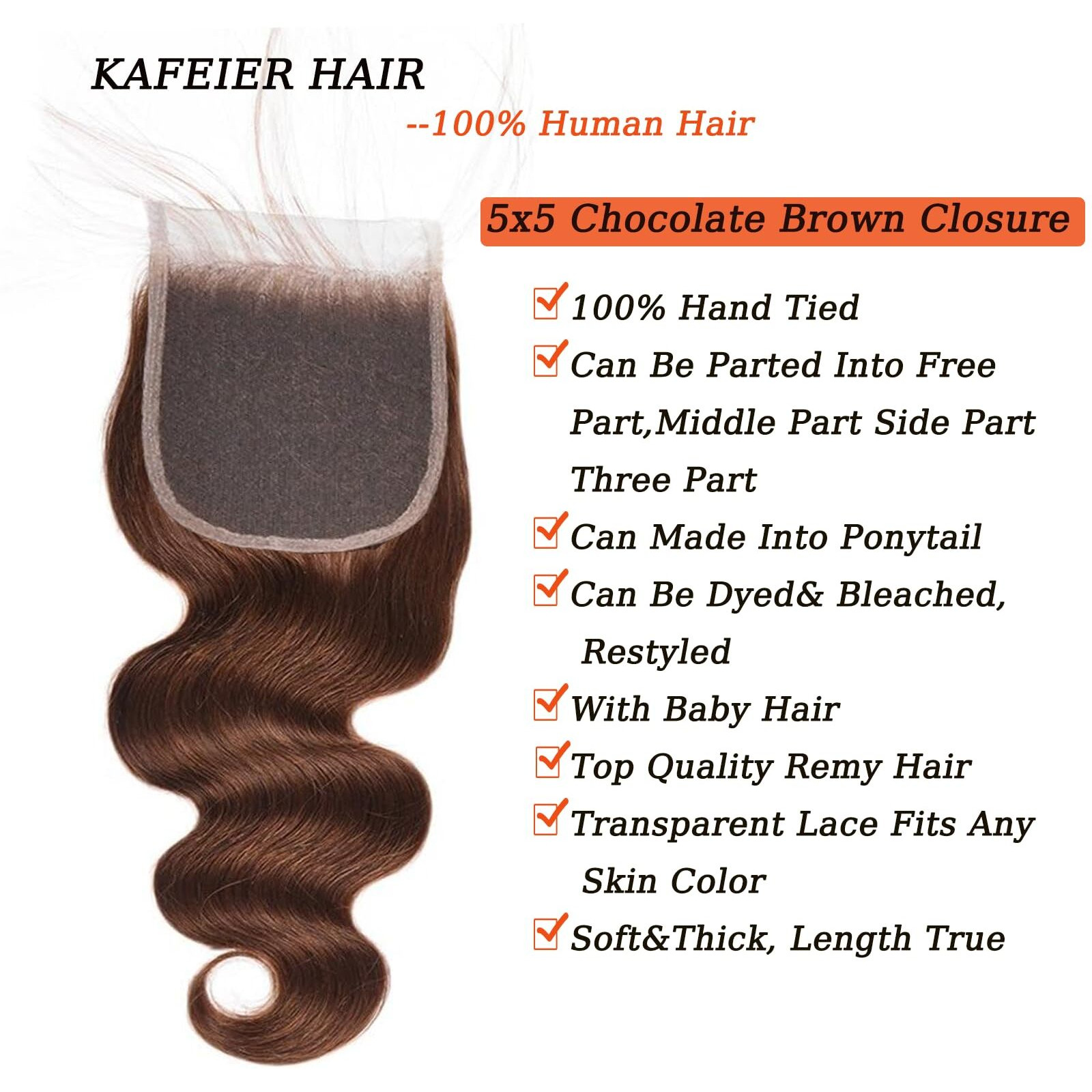 5X5 Chocolate Brown Body Wave Closure Free Part Pre Plucked With Baby Hair Brazilian Virgin Remy Human Hair Color 4 Closure 12 Inch