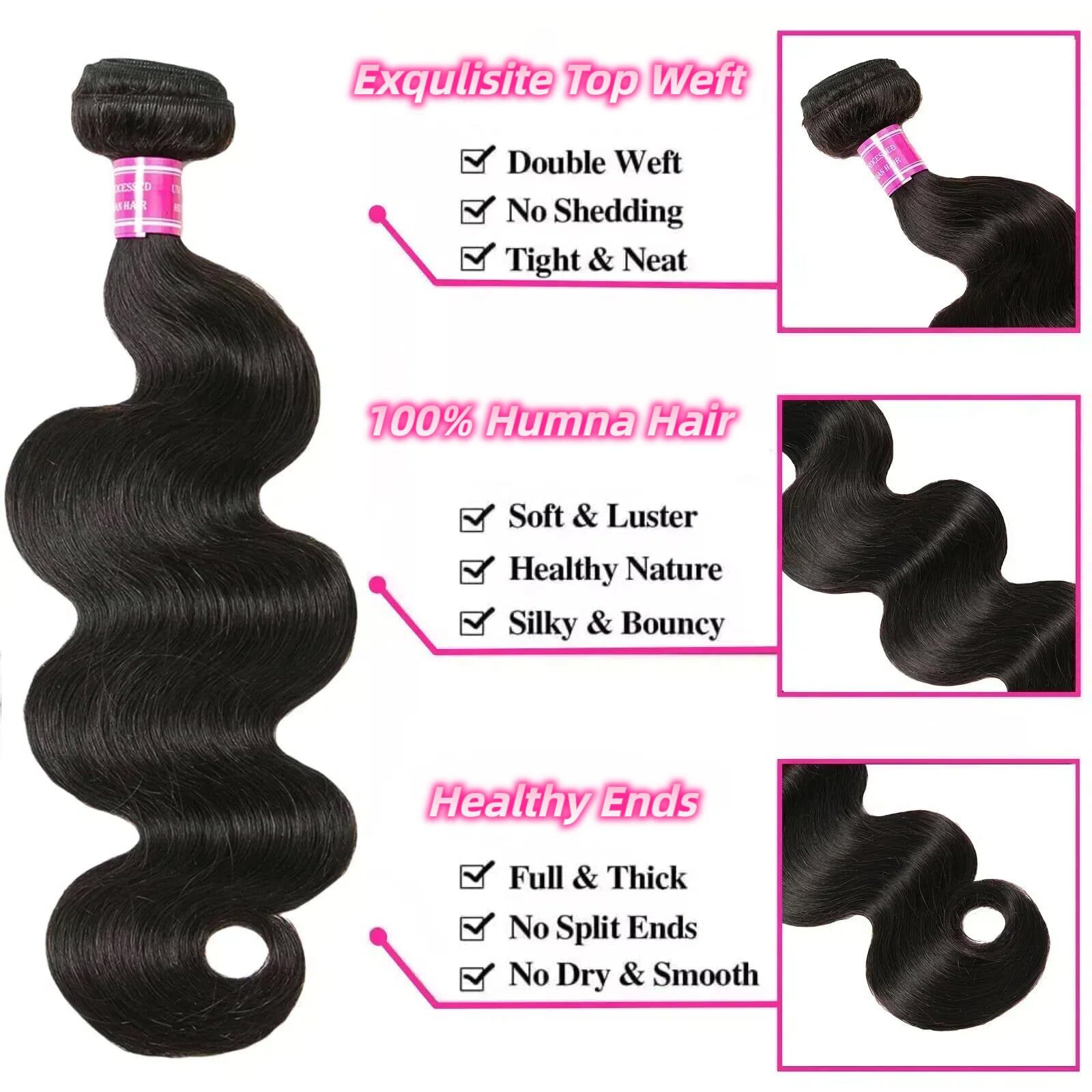 3 Brazilian Bundles Human Hair Body Wave Bundles 12A 100% Unprocessed Virgin Hair Bundle Deals Human Hair Weave Bundle Human Hair Extensions For Woman Natural Black Color 12 14 16 Inch