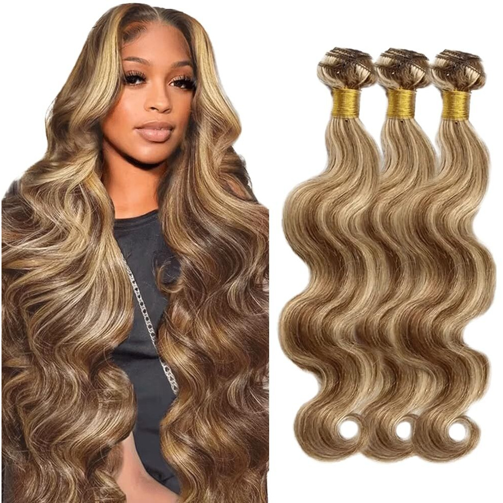 P4613 Bundles Highlight Blonde Body Wave Human Hair Bundle Two Tone Chocolate Brown And 613 Blonde 3 Bundles 34 34 34 Inch 613 Body Wave Bundle Hair Extensions