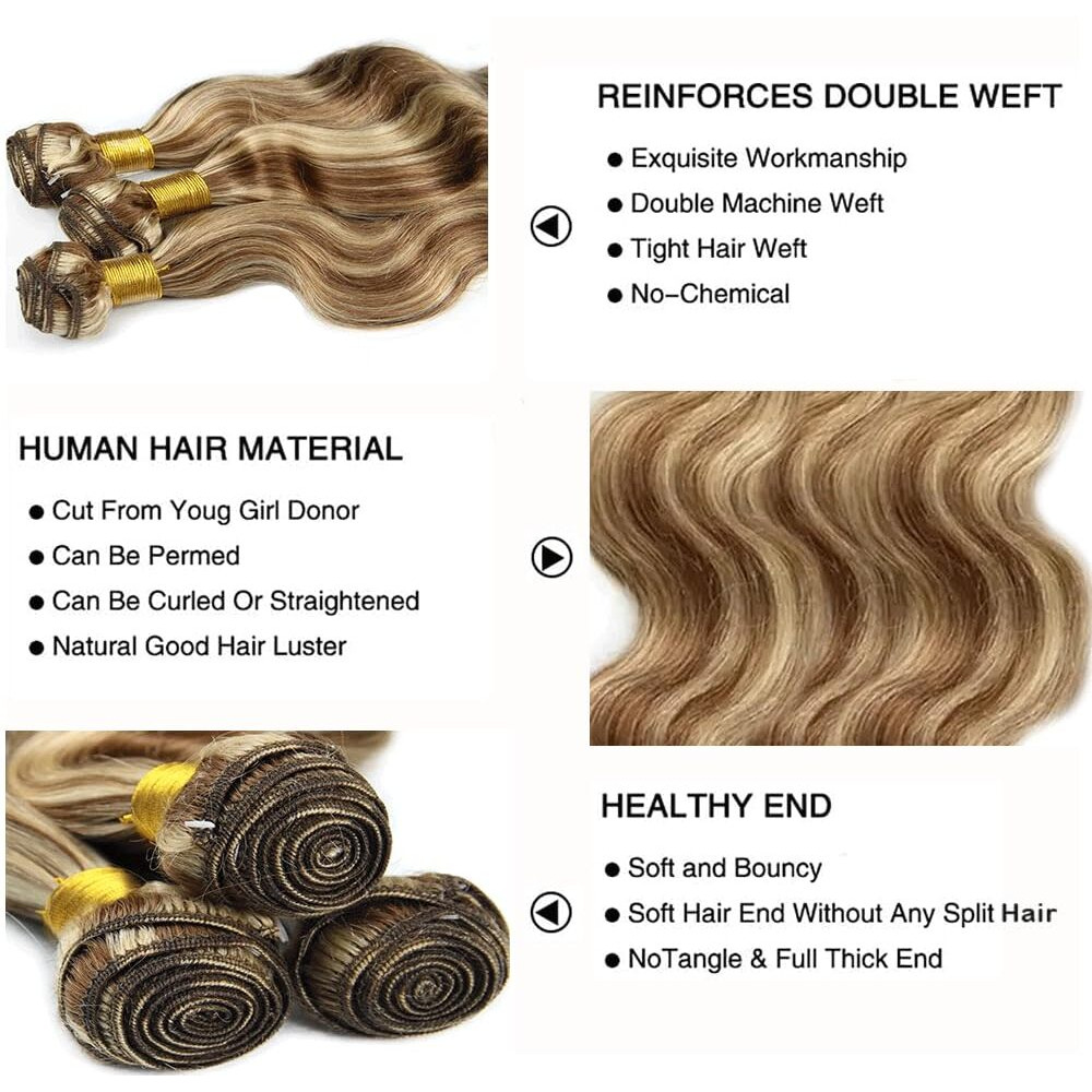 Fridnae Hair P4613 Bundles Highlgiht Blonde Body Wave Human Hair Bundle 613 Ombre 3 Bundles 28 28 28 Inch Two Tone Chocolate Brown Mixed With 613 Bundle 300G