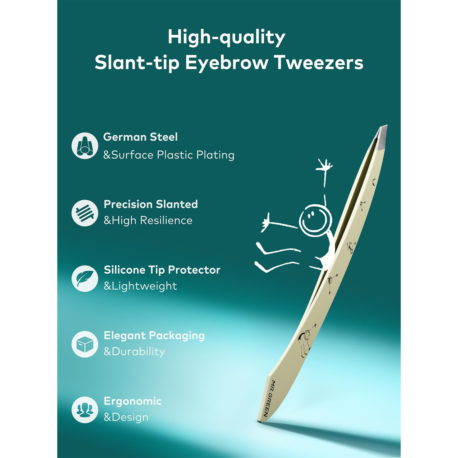 Mr.Green Tweezers For Women Facial Hair, Professional Precision Eyebrow Tweezers For Women And Men, Stainless Steel Slanted Cute Hair Removal Plucker