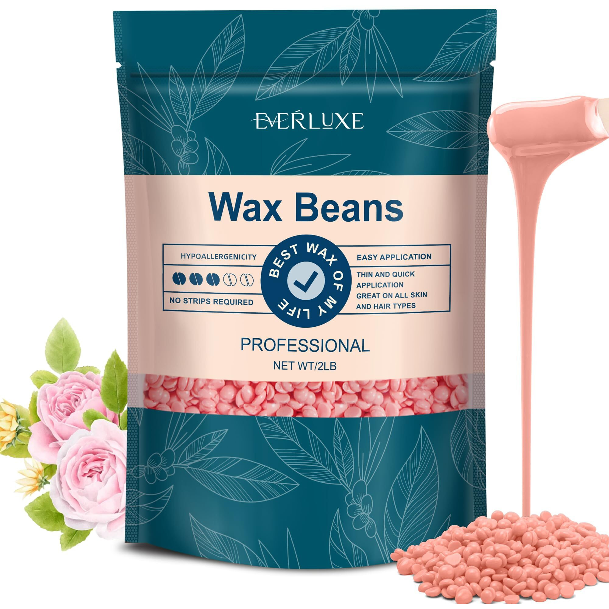 Everluxe Wax Beads 2Lb, Hard Wax For Hair Removal, Hypoallergenic Wax For Sensitive Skin, Facial Waxing, Brazilian, Bikini Waxing