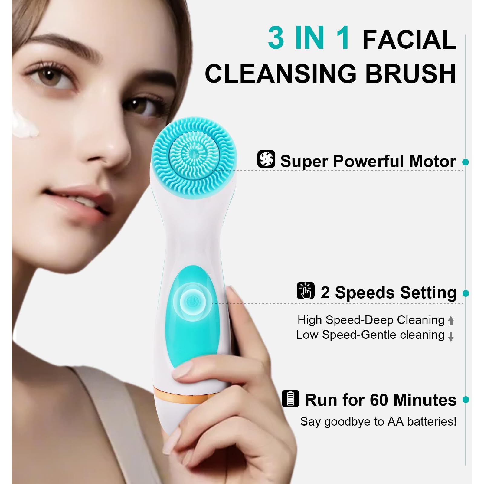 Facial Cleansing Brush, 3 In 1 Electric Face Scrubber With 3 Brush Heads For Women/Men, Waterproof Rechargeable Face Cleansing Brush For Dry Oily Sensitive Skin (Blue)