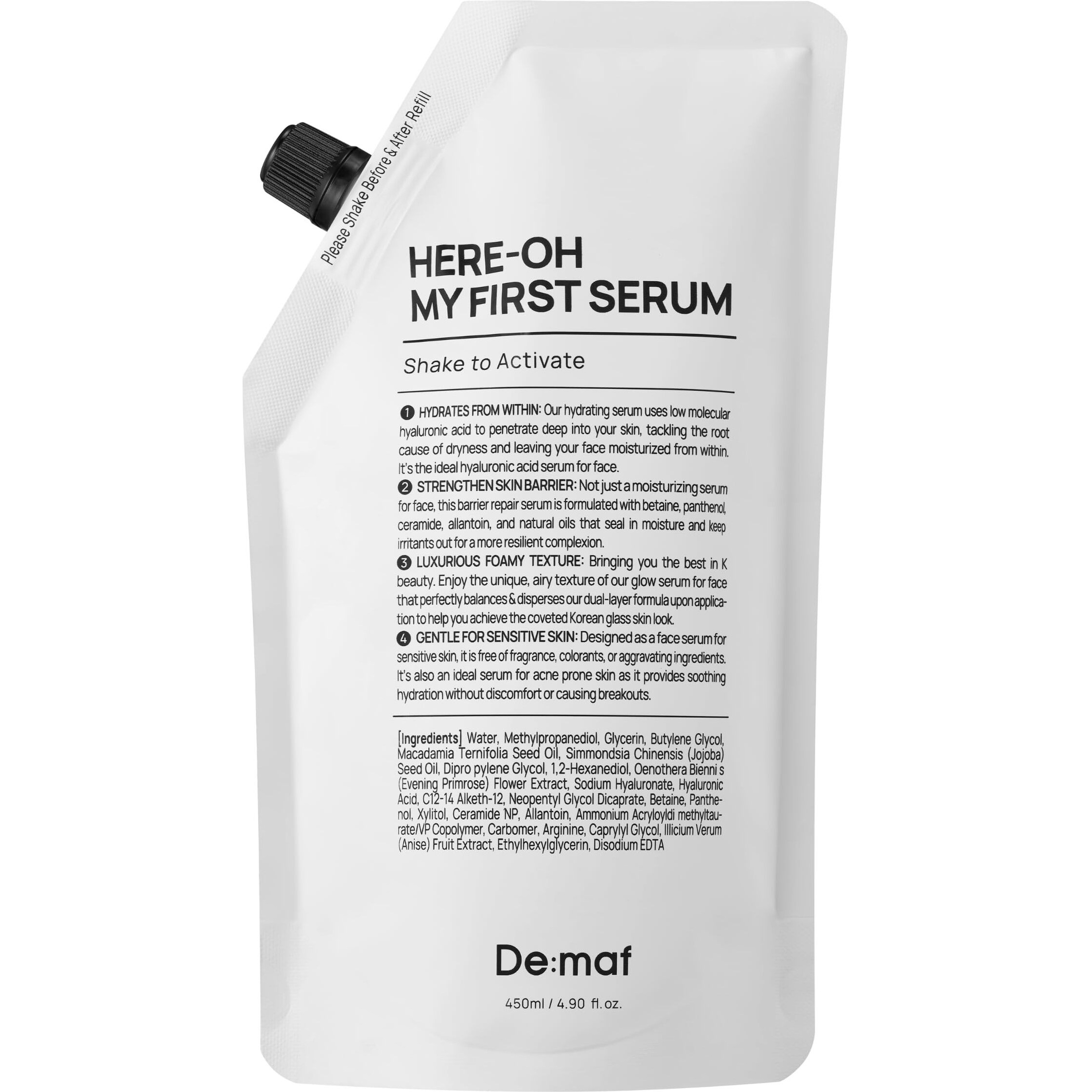 Here-Oh My First Serum, Hydrating Facial Serum With Hyaluronic Acid | Bubble Texture For Barrier Support & Glow | Korean Care For Dry & Sensitive Types (15.22 Fl Oz,Refill)