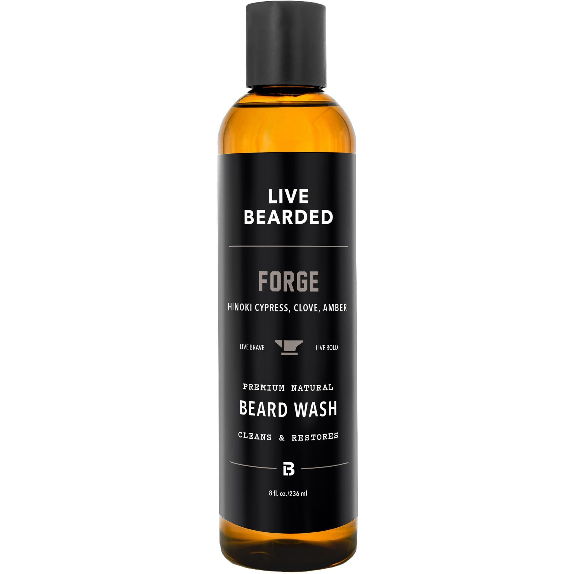Live Bearded Beard Wash, 8 Fl Oz - Water-Based Face Cleanser With All-Natural Ingredients For A Gentle, Deep Clean - Made In The Usa | Forge Scent - Hinoki Cypress, Clove, Amber