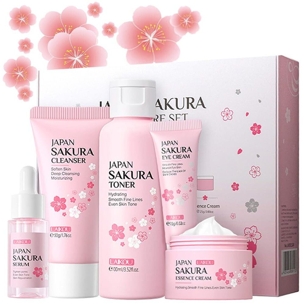 Skincare Gift Set Sakura Skin Care Travel Kit With Cleanser, Toner, Serum, Eye Cream, Face Cream For Women Girls (5Pcs)