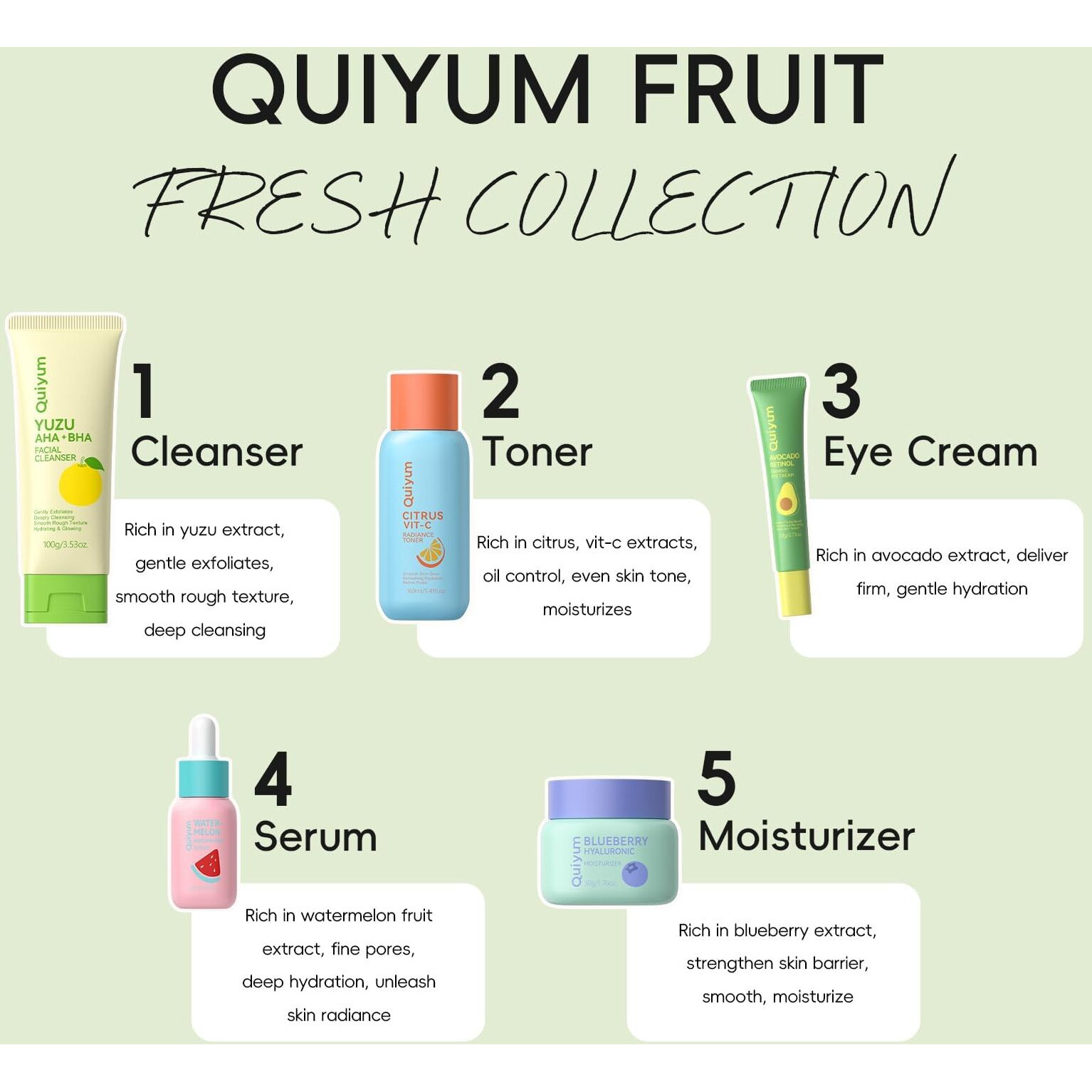 Quiyum Fruit Skincare, Skin Care Gift Sets, Skin Care For Teens 10-12, With Lip Balm *6, Facial Cleanser, Toner, Serum, Eye & Face Cream, Nourishing, Hydration, Glow Up, Trendy Stuff