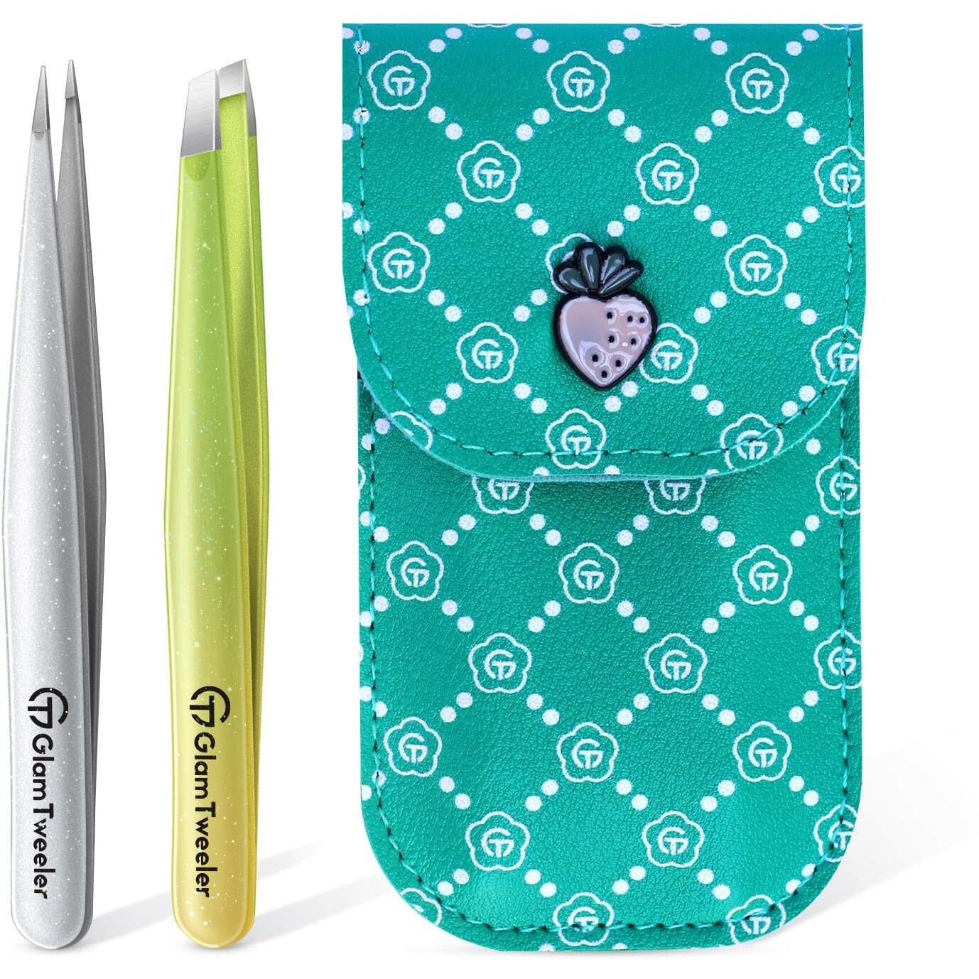 Expert Slant And Point Tip Tweezer Set With Exclusive Storage & Carrying Case, Glamtweeler Sharp & Precision Tweezer Set For Eyebrows, Facial Hairs & Fine Hairs Removal (Sparkle Apple Green + Silver)