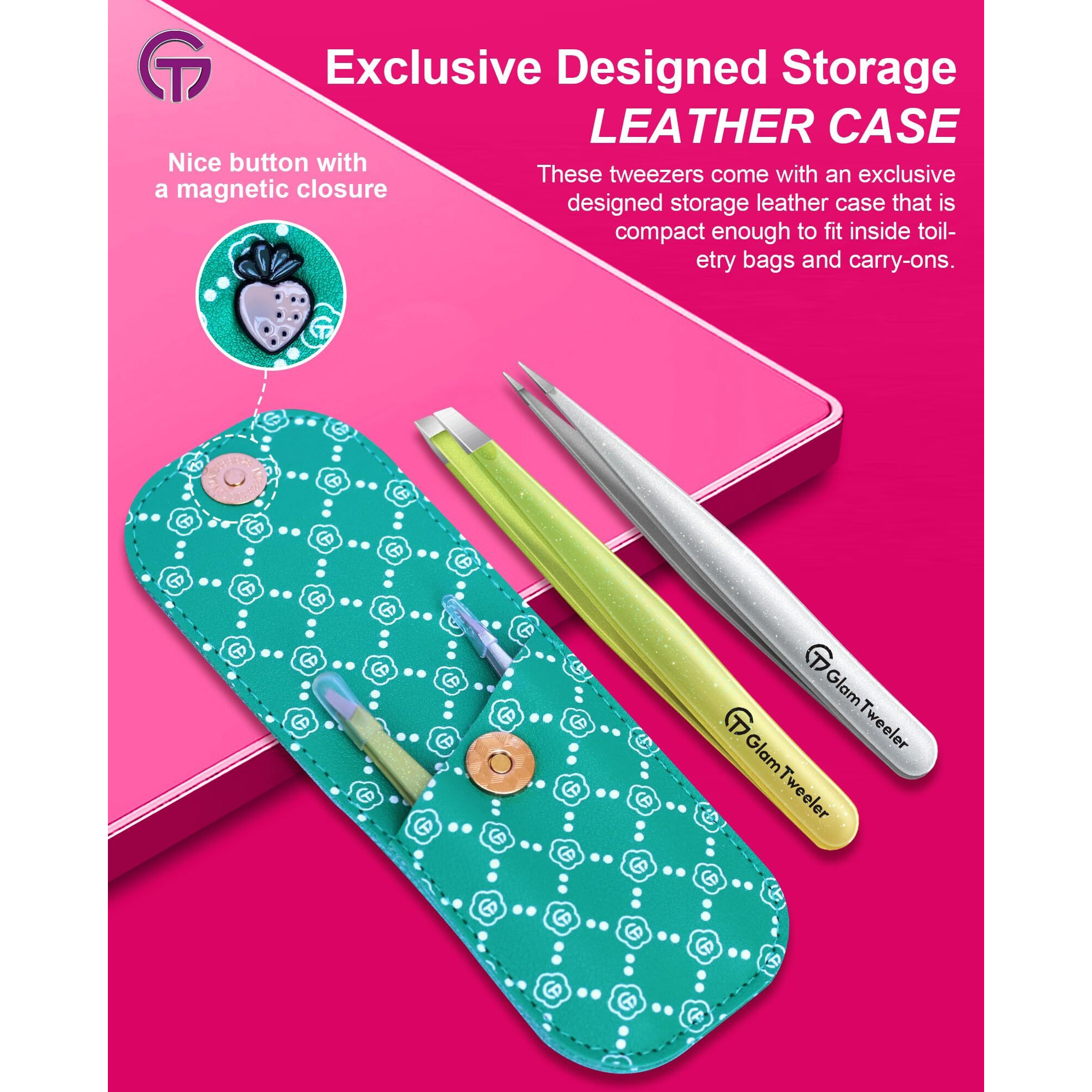 Expert Slant And Point Tip Tweezer Set With Exclusive Storage & Carrying Case, Glamtweeler Sharp & Precision Tweezer Set For Eyebrows, Facial Hairs & Fine Hairs Removal (Sparkle Apple Green + Silver)