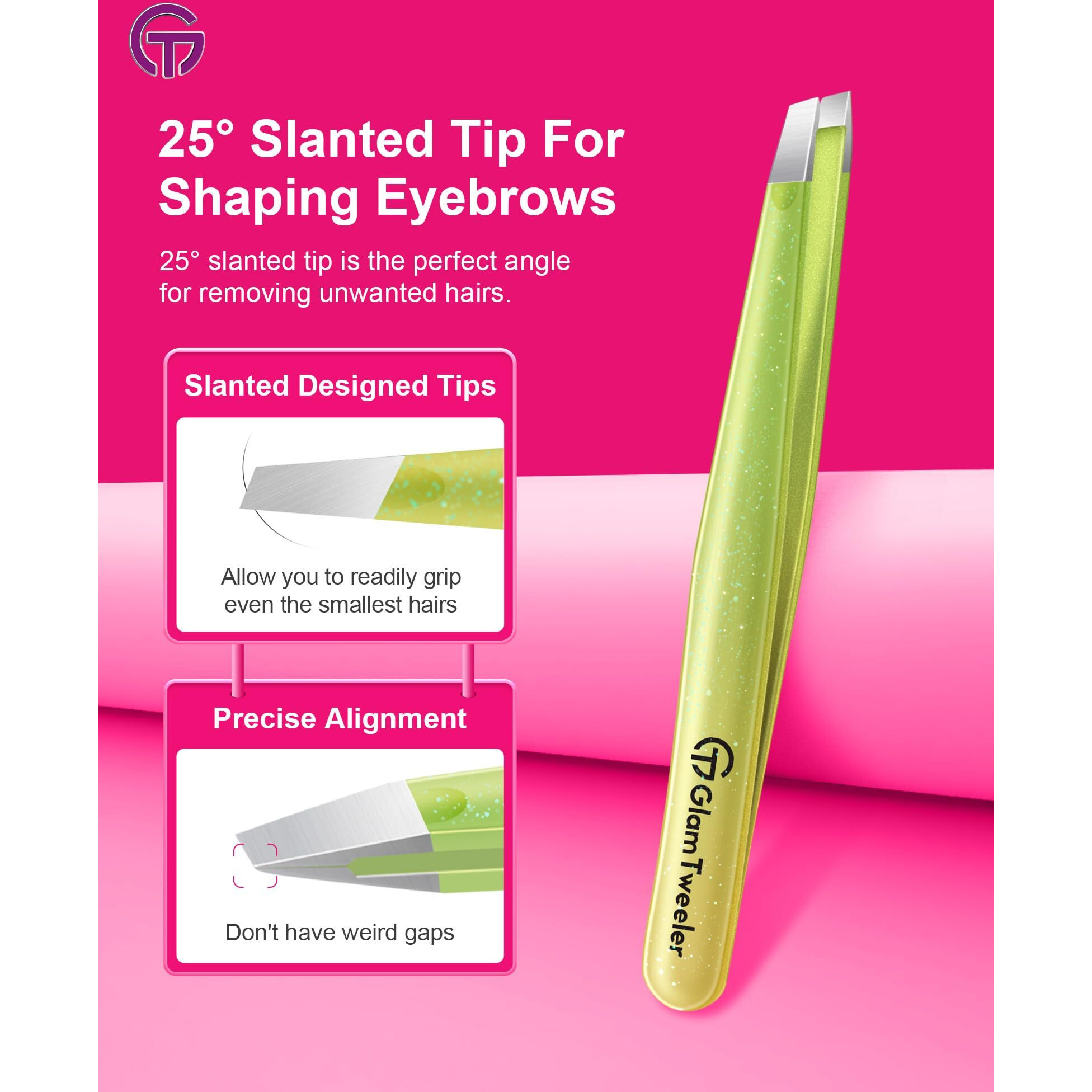 Expert Slant And Point Tip Tweezer Set With Exclusive Storage & Carrying Case, Glamtweeler Sharp & Precision Tweezer Set For Eyebrows, Facial Hairs & Fine Hairs Removal (Sparkle Apple Green + Silver)