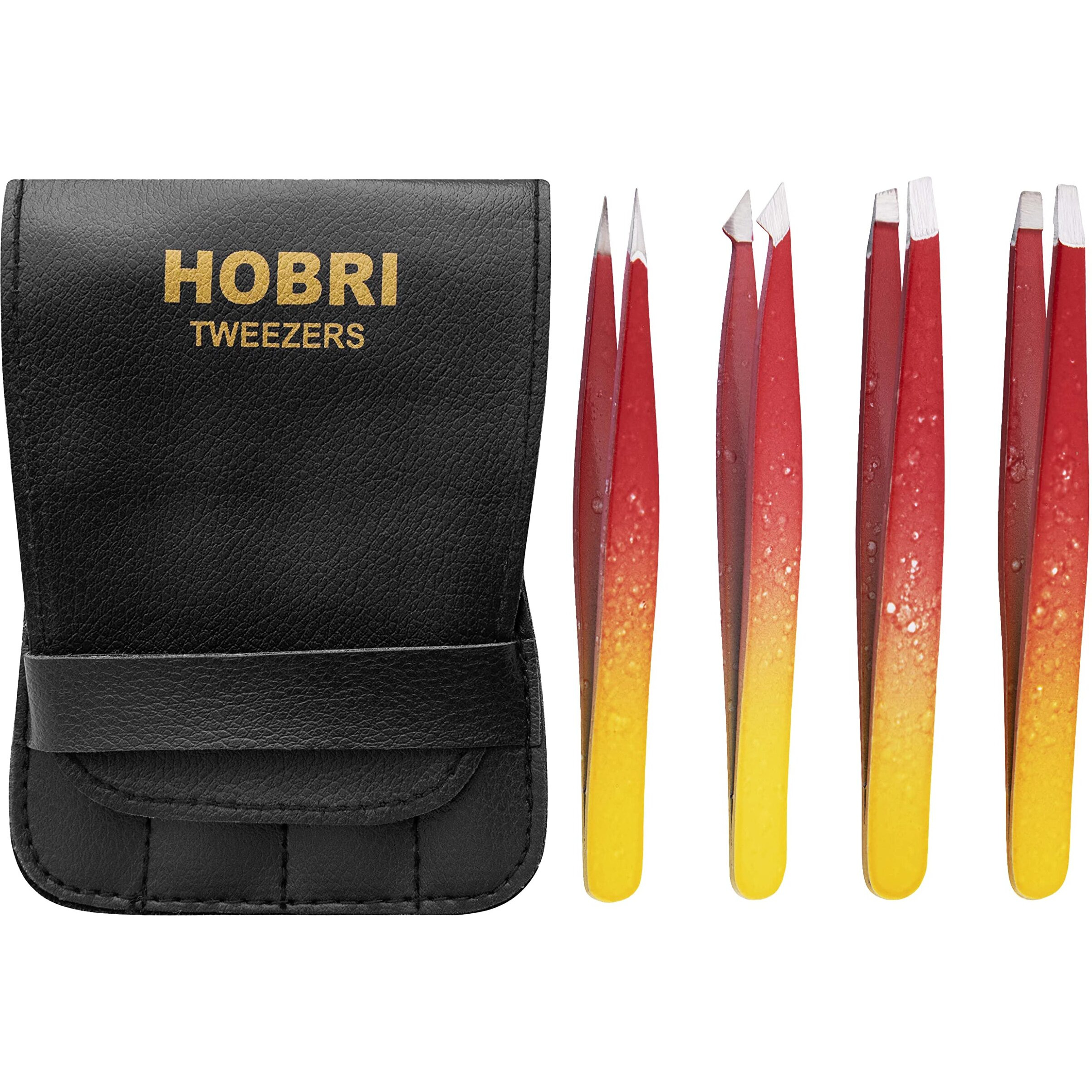 Tweezers Set, Eyebrows Tweezers Set Professional Stainless Steel Tweezers Set - 4 Pieces With Leatherette Travel Case Perfect For Facial Hair, Beauty And Personal Care Tool (Red/Yellow)