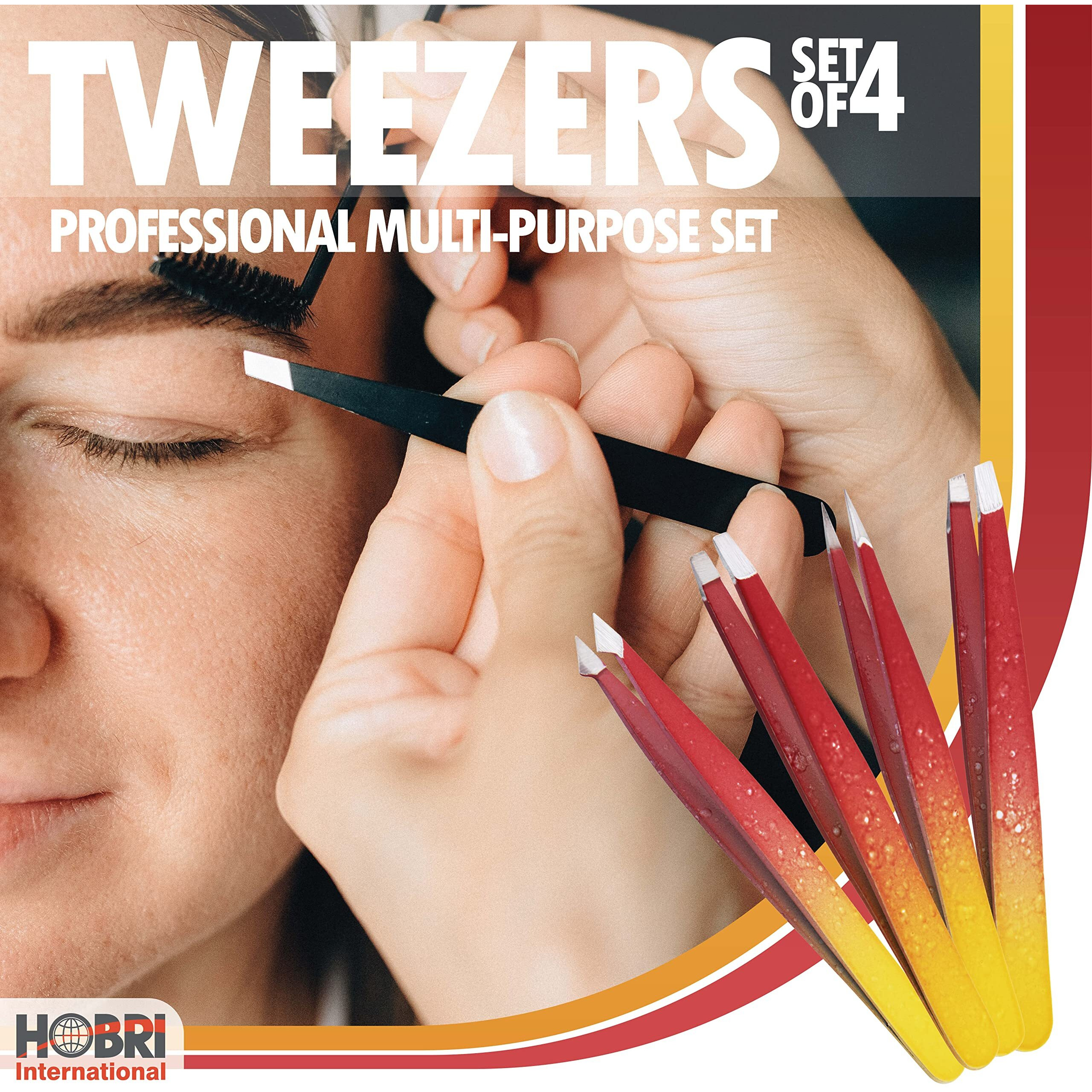 Tweezers Set, Eyebrows Tweezers Set Professional Stainless Steel Tweezers Set - 4 Pieces With Leatherette Travel Case Perfect For Facial Hair, Beauty And Personal Care Tool (Red/Yellow)