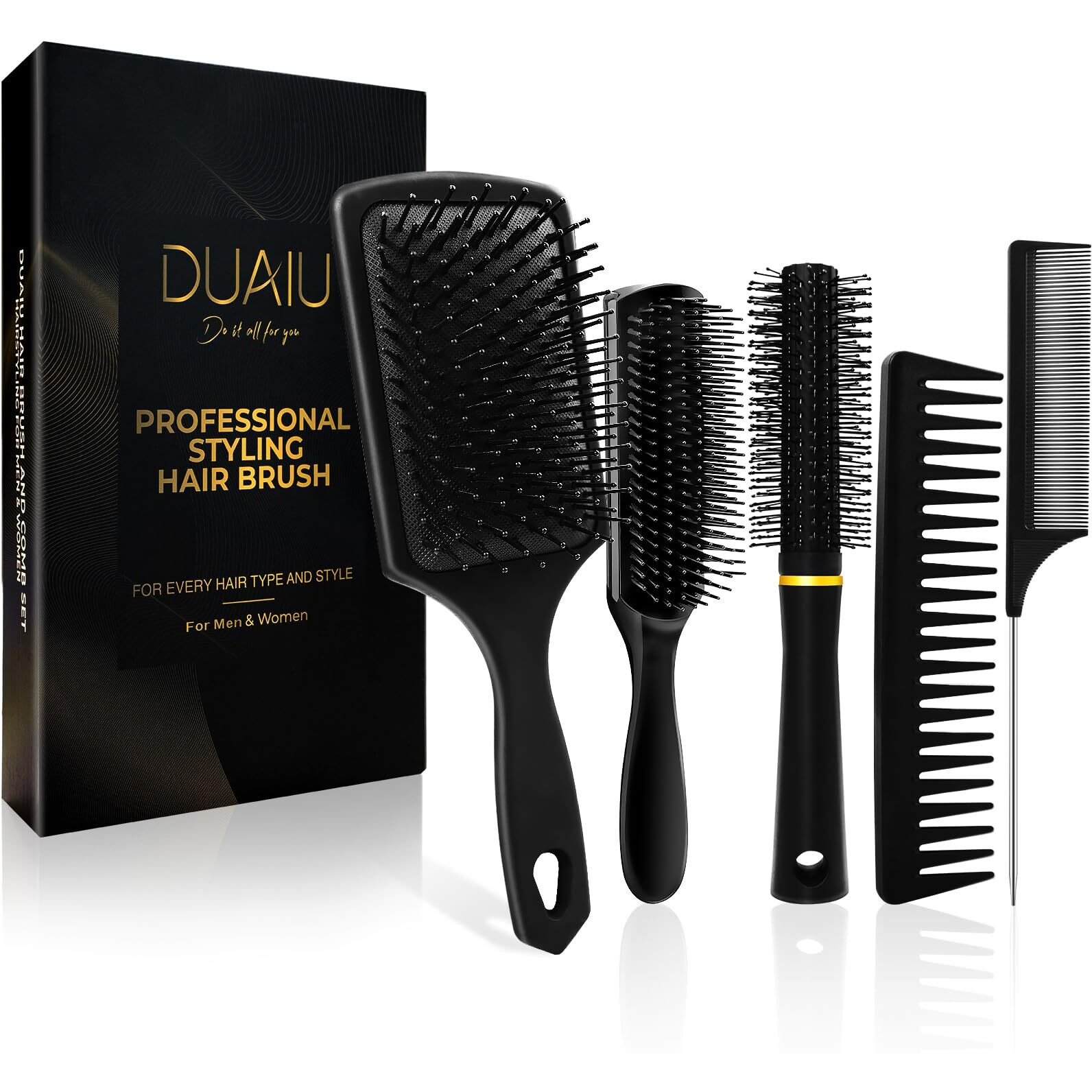 Duaiu Hair Brush Set, 5Pcs Paddle Hairbrush For Men And Women, Round Quiff And Rat Tail Wide Tooth Styling Comb And Brush Set For Curly Long Thick Thin Hair - Great On Wet Or Dry Use, No More Tangle
