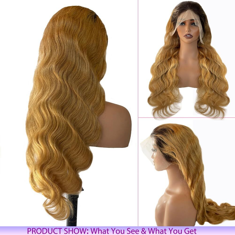 Belaved Ombre Lace Front Wigs Human Hair Honey Blonde With Black Roots 13X4 Hd Transparent Body Wave 1B/27 Wig Human Hair Pre Plucked Hd Frontal 180 Density Glueless 32Inch