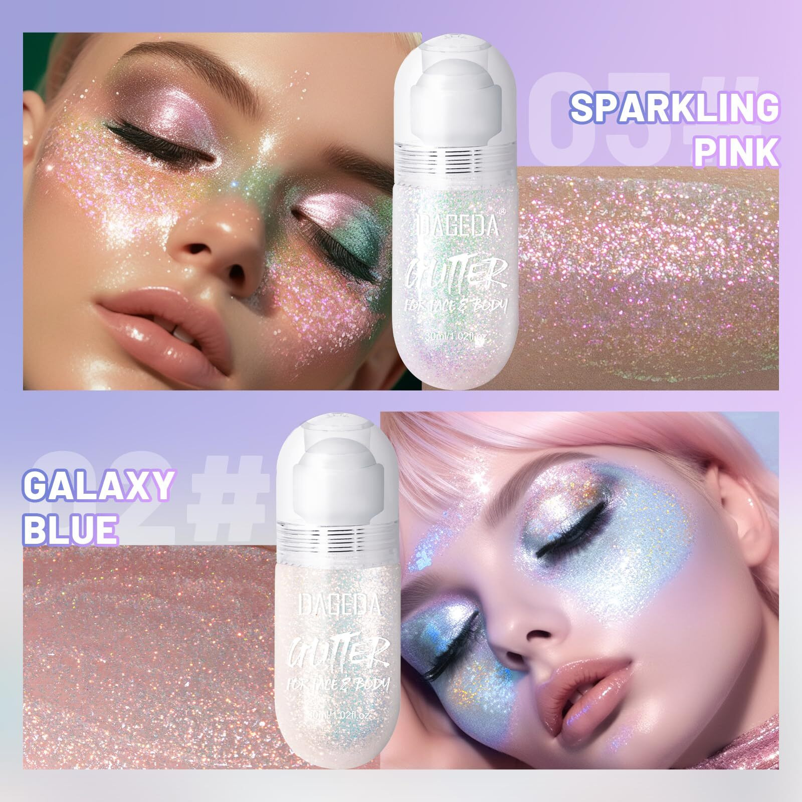 Dageda 2Colors Roll-On Body Glitter Gel For Body, Hair, Face, Holographic Glitter Makeup For Rave Accessories, Body Shimmer Hair Glitter Gel For Halloween Makeup(Galaxy Blue+Sparkling Pink)