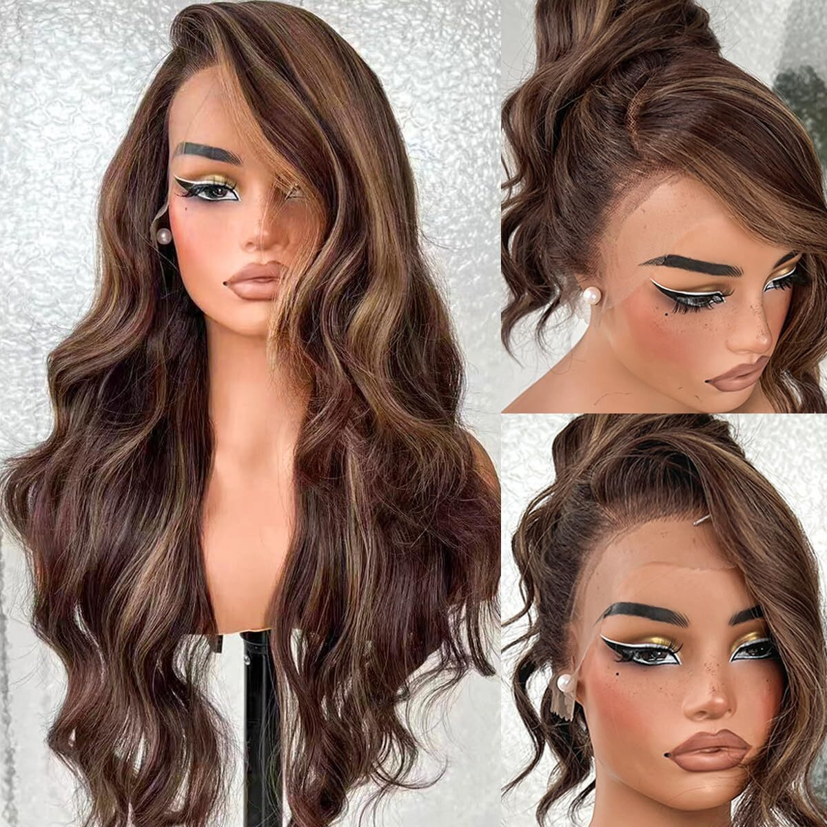 13X6 Hd Glueless Lace Frontal Wig Pre-Plucked 200 Density Ombre Honey Blonde Highlights Similar Human Hair Synthetic Long Body Wave Lace Front Wig Ready To Wear 26Inch 4/30 Ombre Honey Blonde