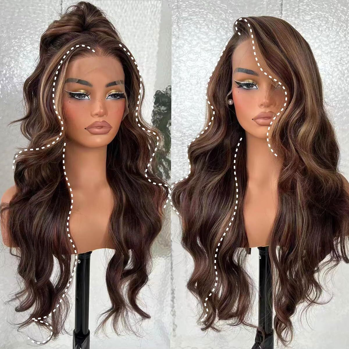 13X6 Hd Glueless Lace Frontal Wig Pre-Plucked 200 Density Ombre Honey Blonde Highlights Similar Human Hair Synthetic Long Body Wave Lace Front Wig Ready To Wear 26Inch 4/30 Ombre Honey Blonde