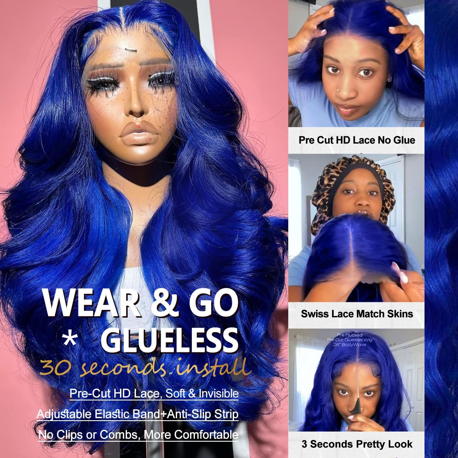 Guiguzin Blue Wear And Go Glueless Wigs Human Hair Pre Cut 9X6 Blue Body Wave Hd Lace Front Wig Pre Plucked Colored Lace Closure Wigs For Women 22 Inch 180 Density