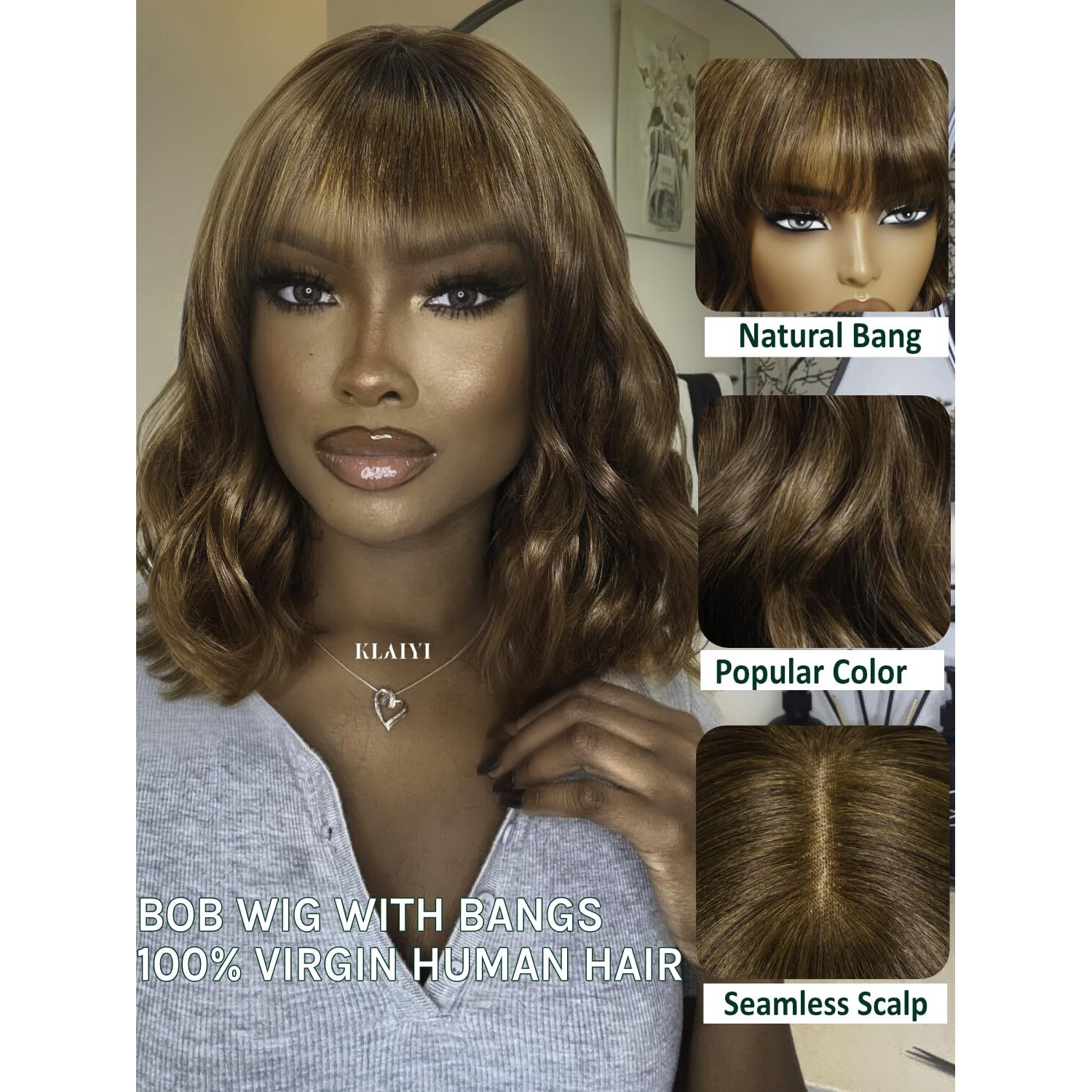 Klaiyi Brown Bob Wig Human Hair With Bangs Loose Body Wave Glueless 4X2 Hd Transparent Lace Closure Chestnut Chocolate Brown With Highlight Blonde Ready To Wear And Go Beginner Wigs Pre Plucked 12Inch