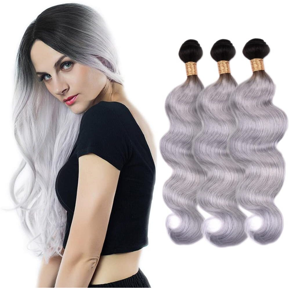 Ombre Grey Body Wave Bundle Black To Grey Human Hair 3 Bundles 100% Unprocessed Virgin Hair Brazilian Double Weft Extensions 24 26 28 Inch For Women