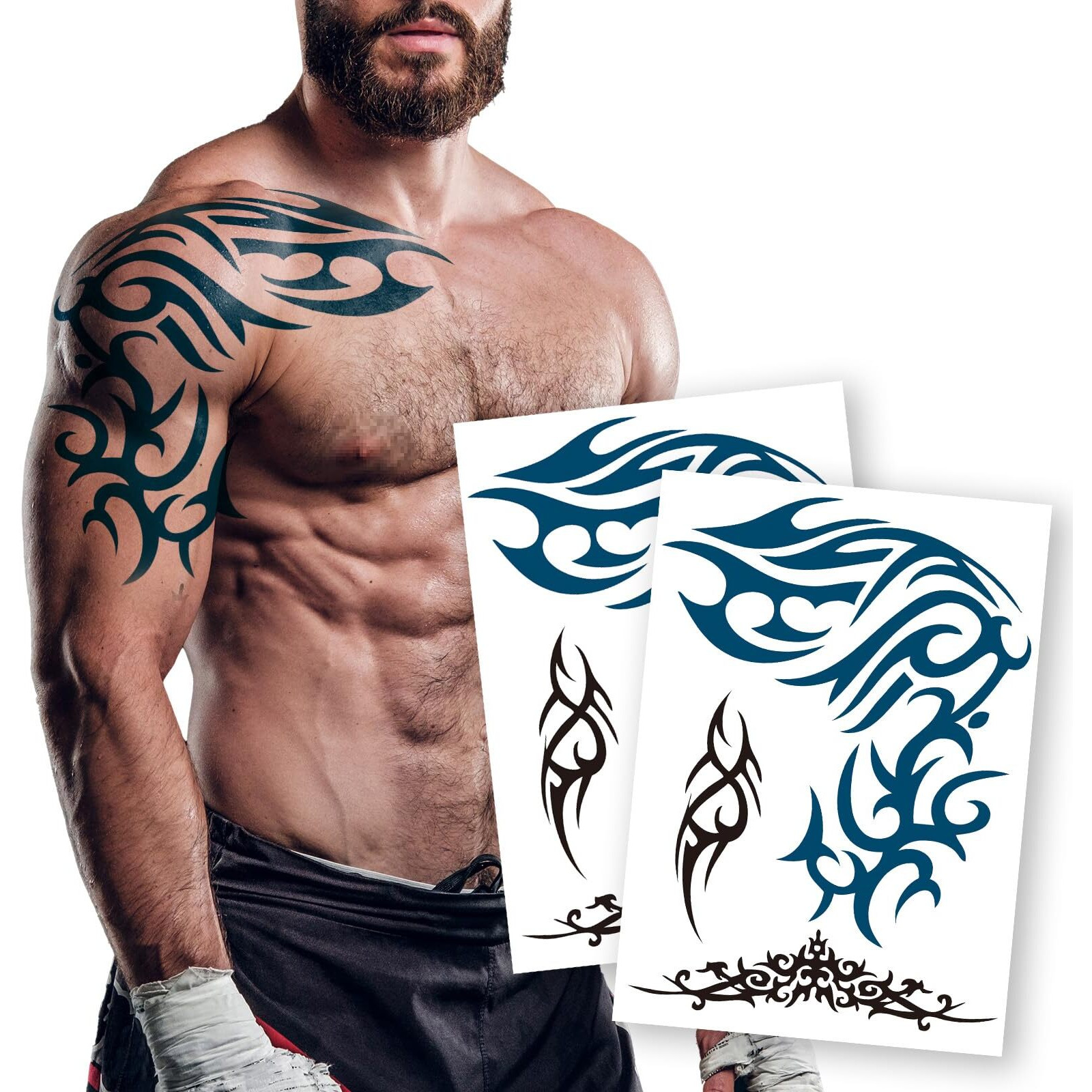 2 Sheets Blue Temporary Tattoos Totem For Men Women Adults - Large Fake Tattoo Stickers For Arm Chest Back Shoulder - Waterproof Realistic Body Art For Parties Cosplay Makeup