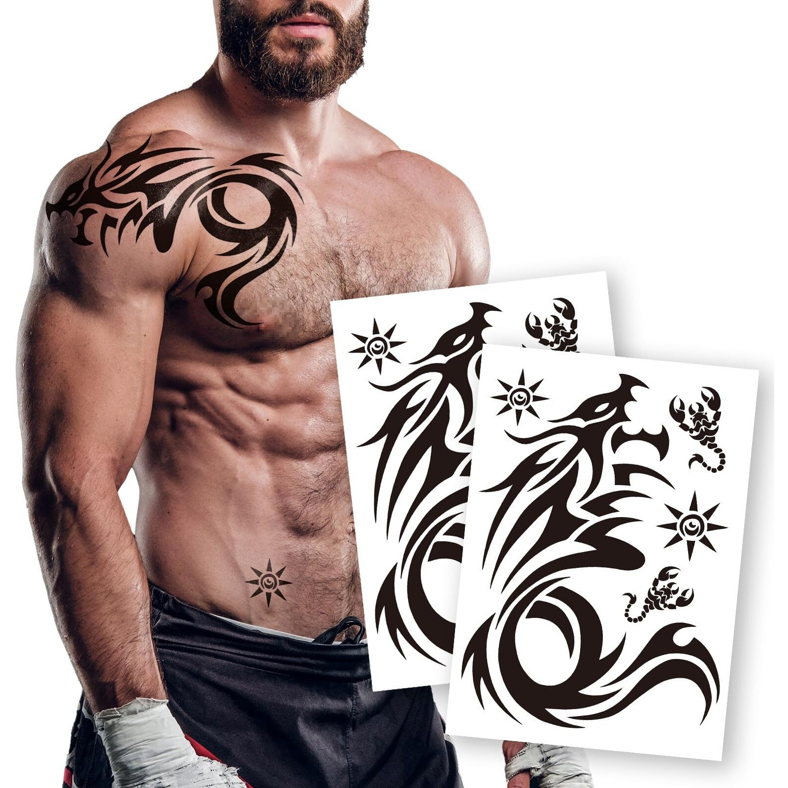2 Sheets Dragon Temporary Tattoos - Large Sheets For Men - Realistic Shoulder Tribal Designs - Waterproof & Long-Lasting Body Art