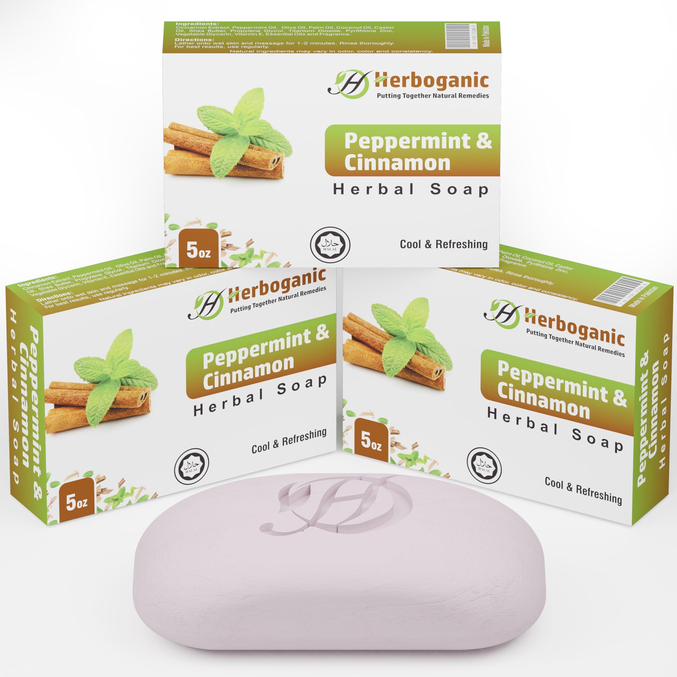 Herboganic Peppermint And Cinnamon Herbal Soap | Pack Of 3 Of 5Oz Soap Bar | Natural Bar Soap For Face And Body | Hydrating And Nourishing | Suitable For Men And Women