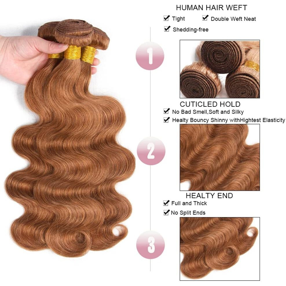 30 Brown Bundles Human Hair Body Wave Bundles 28 30 32 Inch 3 Bundle Unprocessed Brazilian Virgin Hair Light Brown Body Wave Human Hair Extensions 50 Gram Per Bundle