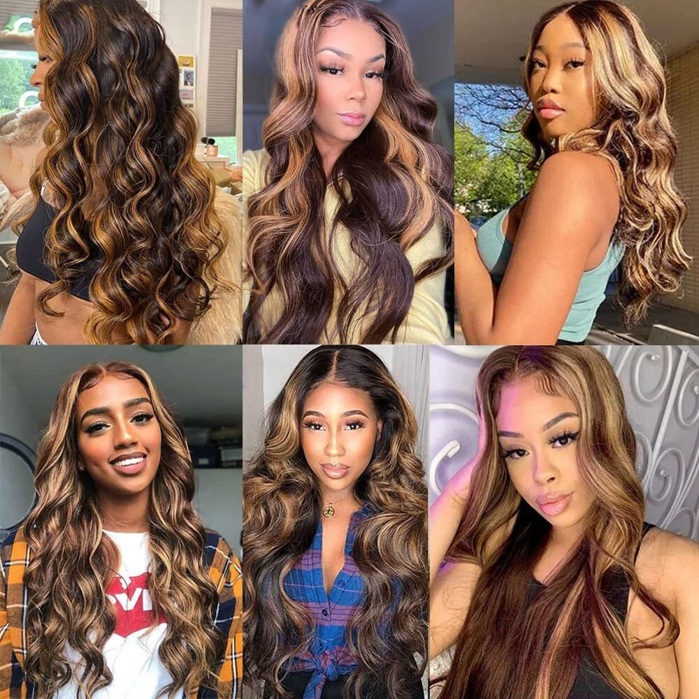 P4/27 Highlight Blonde Bundles Human Hair Body Wave Bundles Human Hair 24 26 28 Inch Brazilian Hair 3 Bundle Brown Unprocessed Virgin Remy Hair Extensions 50 Gram Per Bundle