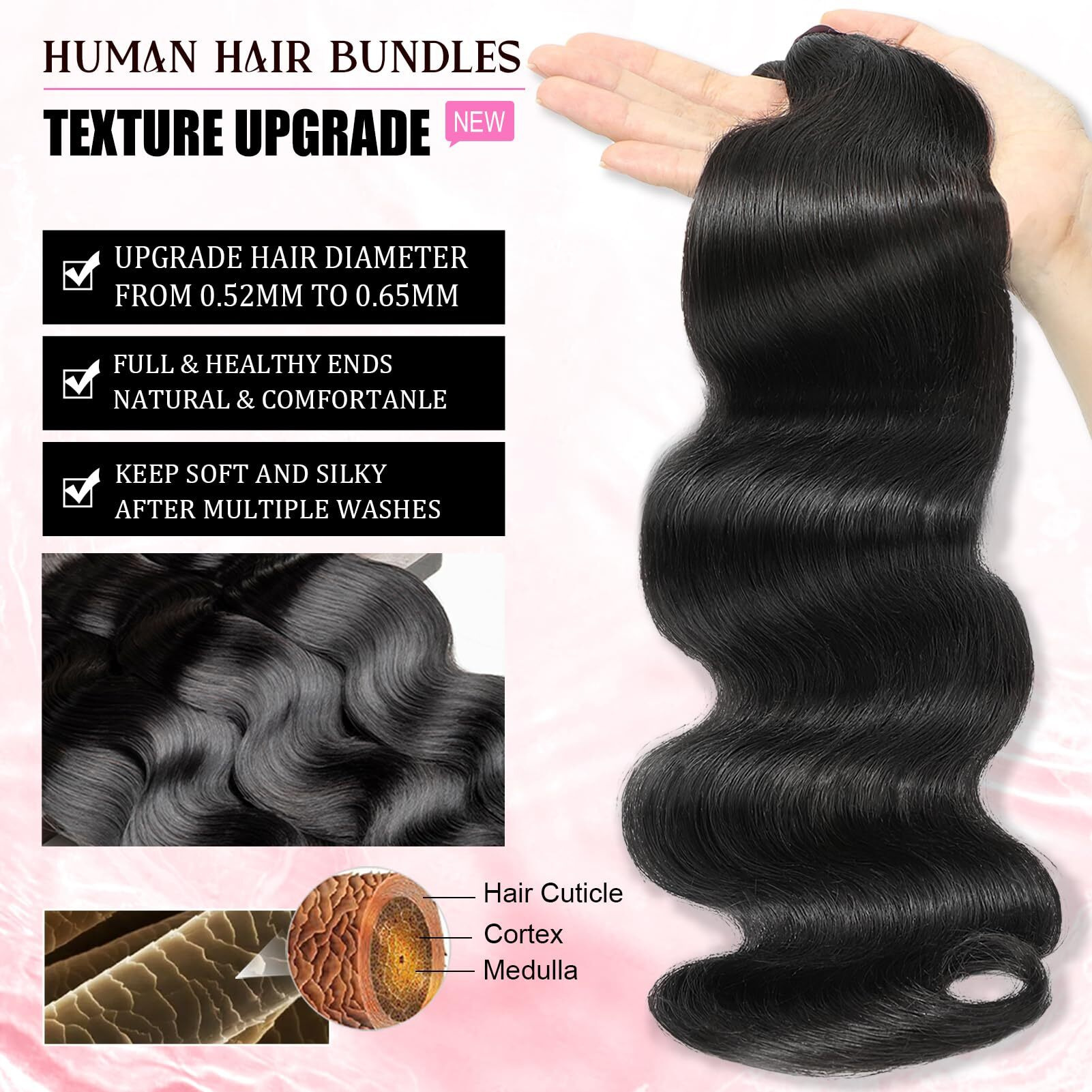 Dmkeep 12A Human Hair Bundles 26 Inch Body Wave Bundles Human Hair 100% Unprocessed Brazilian Raw Virgin Hair Single Bundle Quick Weave Human Hair Extensions Natural Color