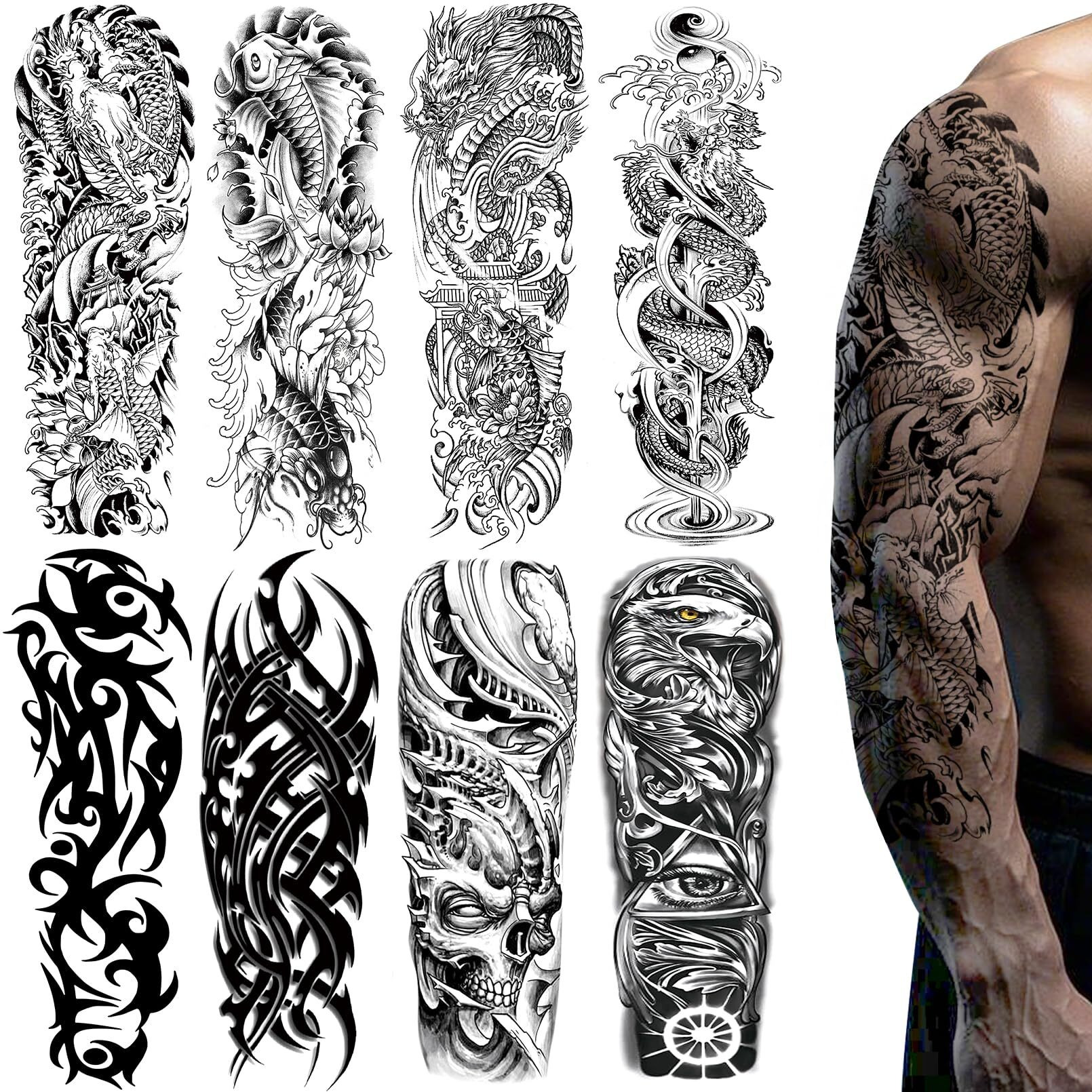 8 Sheets Full Arm Black Temporary Tattoos For Men Adults, Millitary Temp Totem Tattoos Sleeve For Women, Waterproof Body Arm Chest Shoulder Dragon Fish Fake Scary Tattoo Stickers Animal