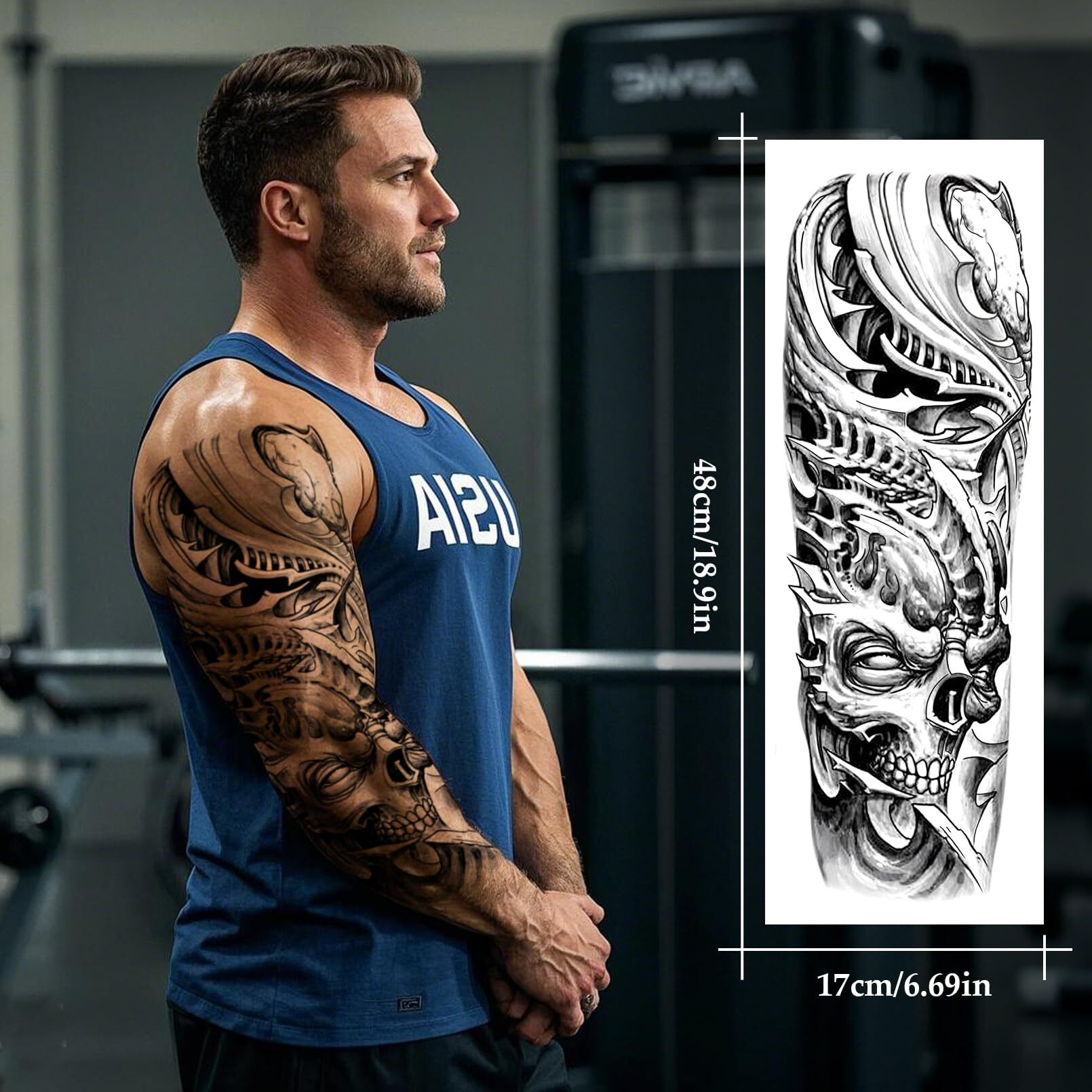 8 Sheets Full Arm Black Temporary Tattoos For Men Adults, Millitary Temp Totem Tattoos Sleeve For Women, Waterproof Body Arm Chest Shoulder Dragon Fish Fake Scary Tattoo Stickers Animal