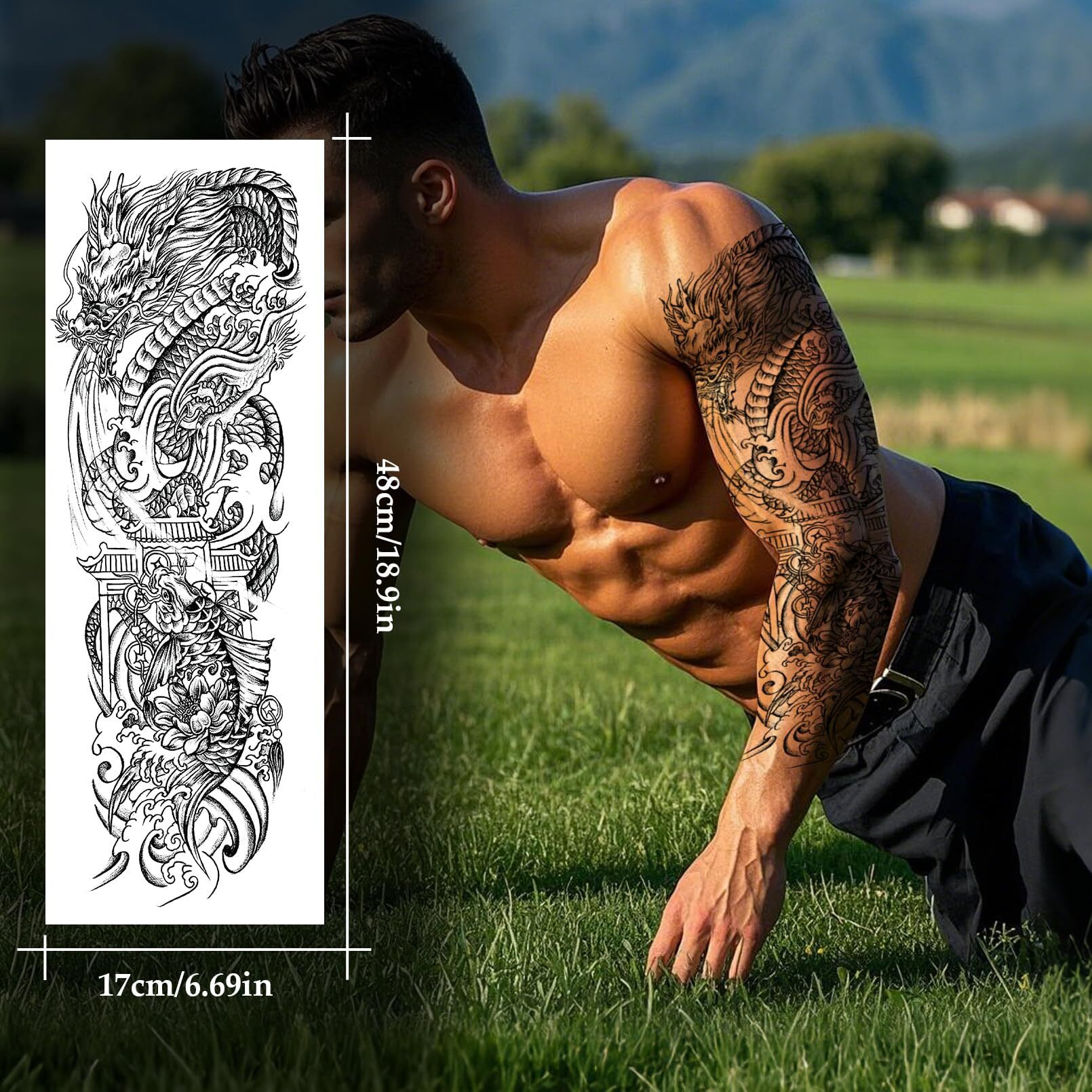 8 Sheets Full Arm Black Temporary Tattoos For Men Adults, Millitary Temp Totem Tattoos Sleeve For Women, Waterproof Body Arm Chest Shoulder Dragon Fish Fake Scary Tattoo Stickers Animal