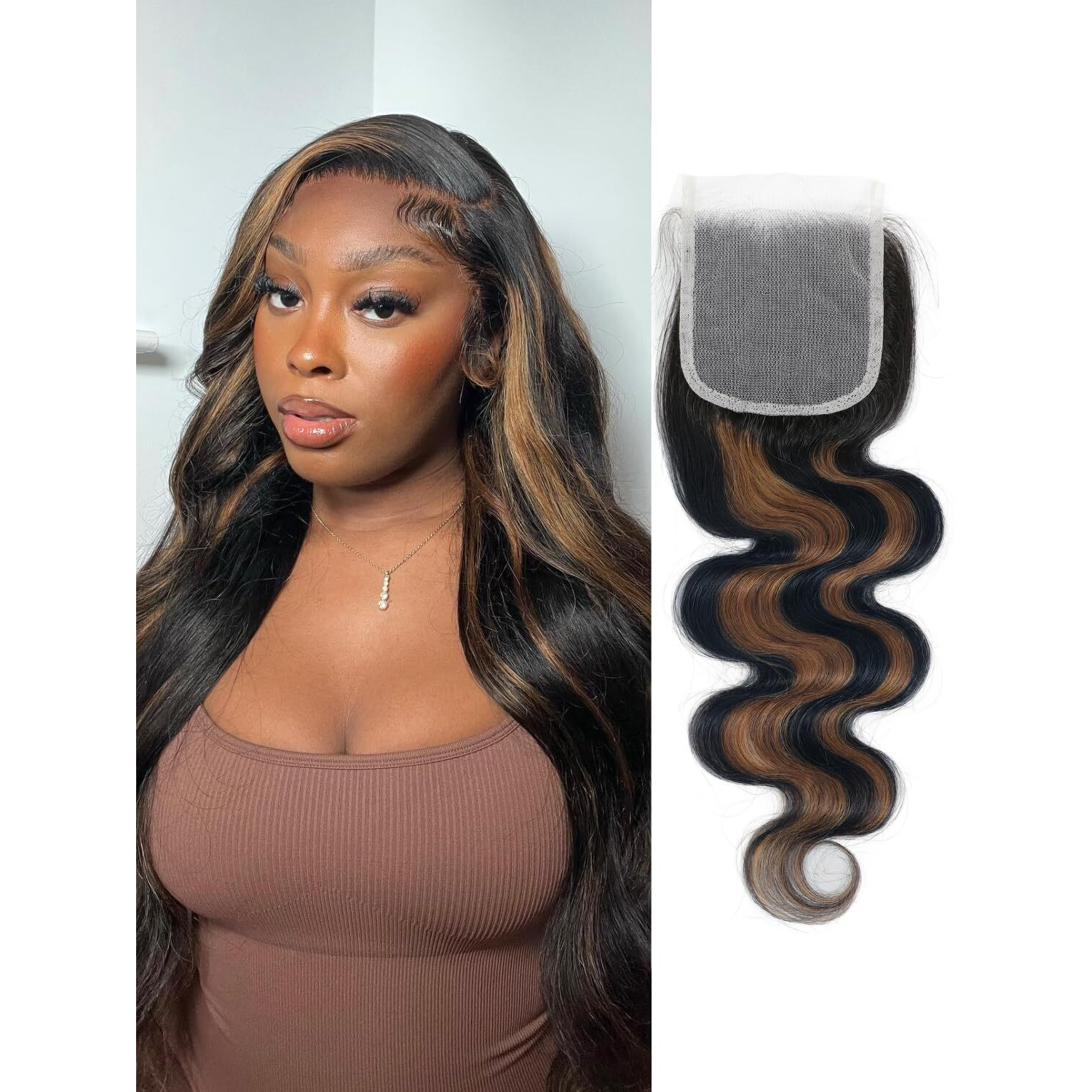 Anmetan Honey Blonde Highlight 4X4 Closure Body Wave Human Hair, Balayage Colored F1B/30 Black With Brown 12A Remy Hair 4X4 Hd Transparent Lace Closure Pre-Plucked Free Part Natural Hairline 14 Inch