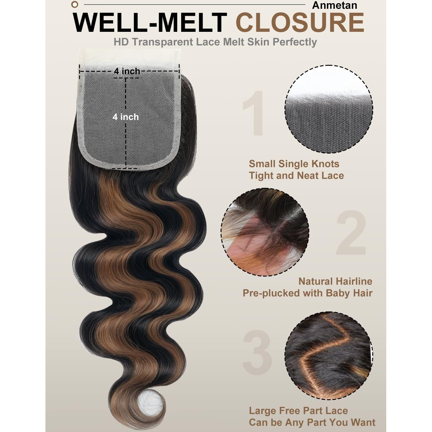 Anmetan Honey Blonde Highlight 4X4 Closure Body Wave Human Hair, Balayage Colored F1B/30 Black With Brown 12A Remy Hair 4X4 Hd Transparent Lace Closure Pre-Plucked Free Part Natural Hairline 14 Inch