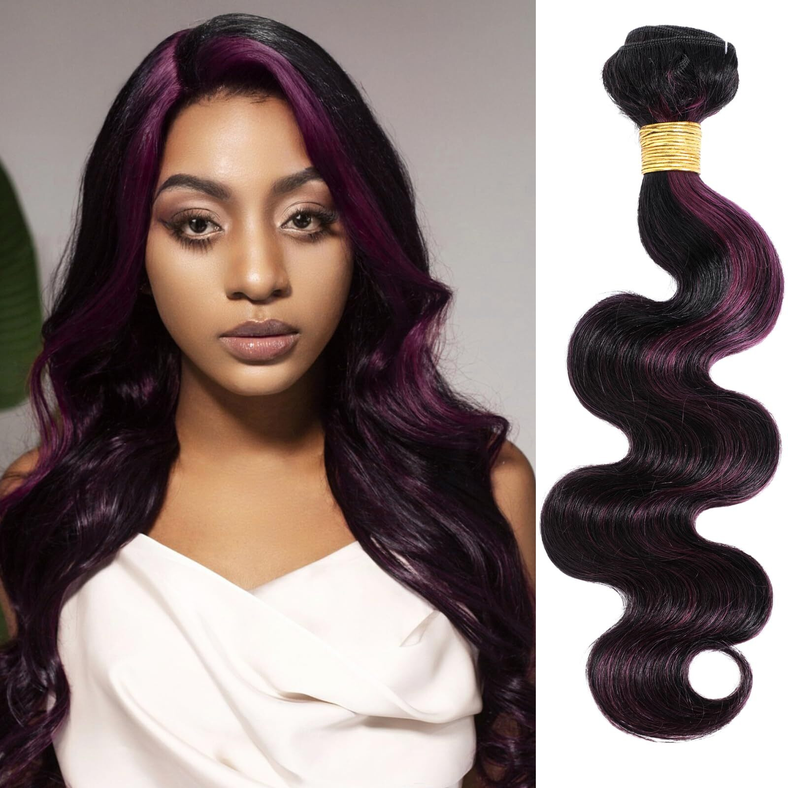 Alher Black Mix Purple Highlight Bundle Human Hair Body Wave, 12A Soft Thick Single Bundle Wavy Human Hair, 100% Remy Hair Midnight Purple Dark Burgundy Highlight Two Tone Color (1B/Purple, 16 Inch)