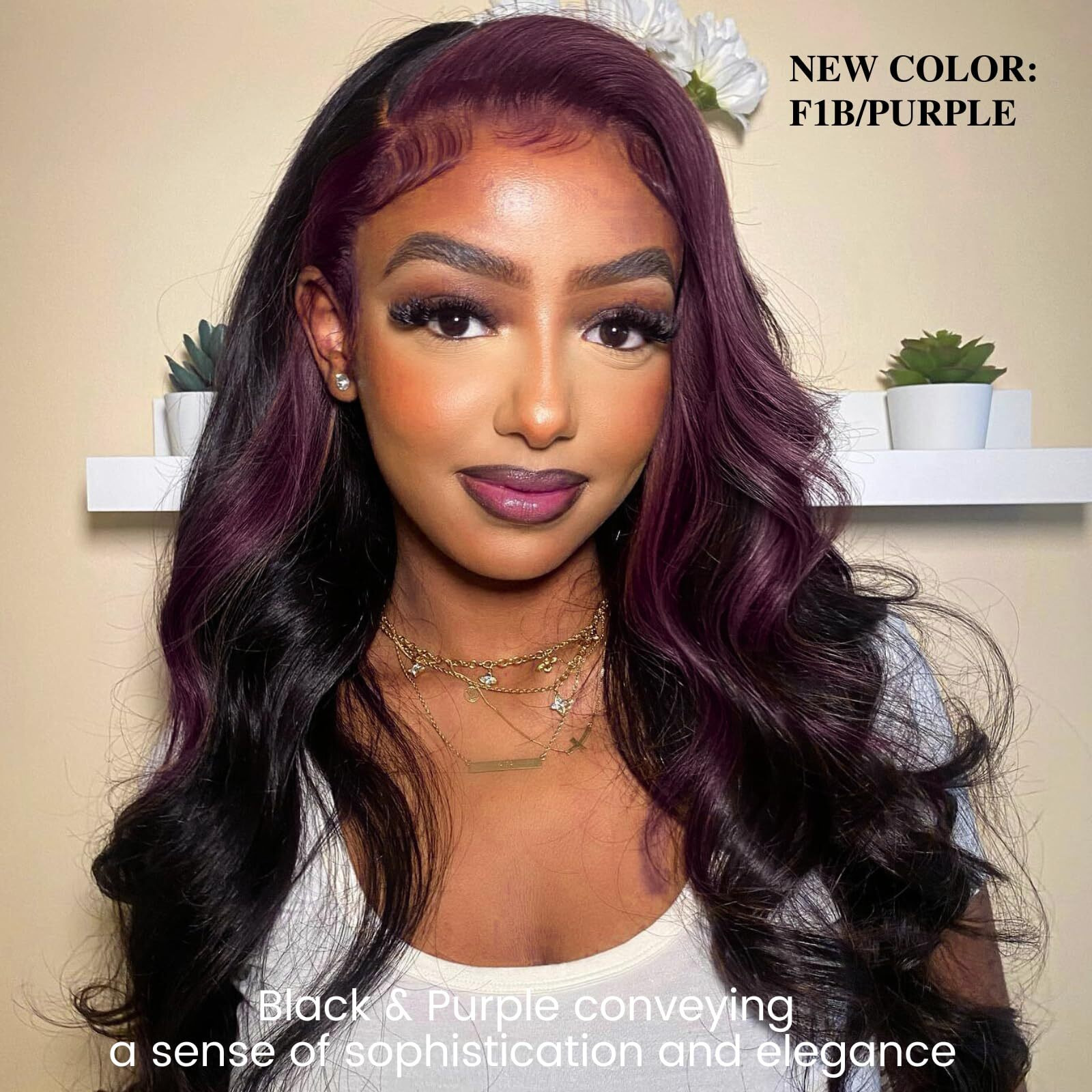 Alher Black Mix Purple Highlight Bundle Human Hair Body Wave, 12A Soft Thick Single Bundle Wavy Human Hair, 100% Remy Hair Midnight Purple Dark Burgundy Highlight Two Tone Color (1B/Purple, 16 Inch)