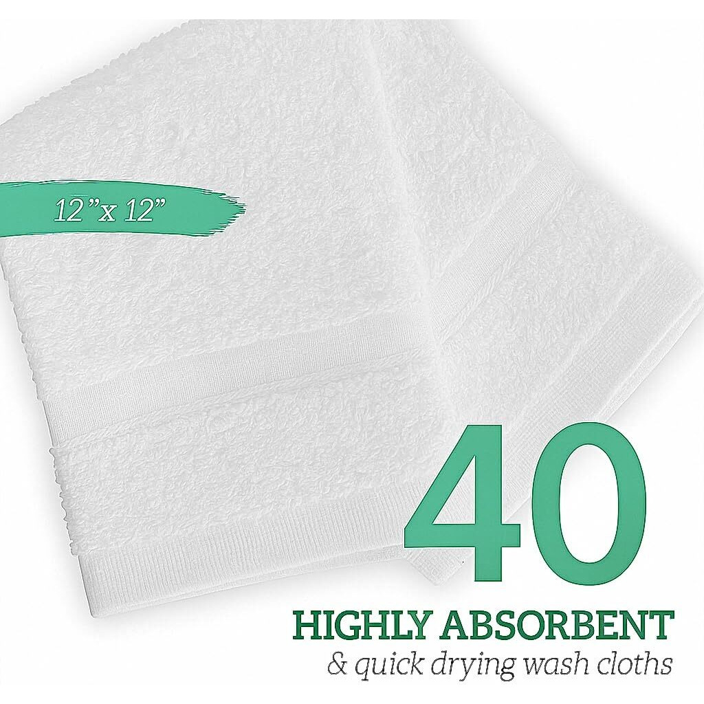 Green Lifestyle Bulk Washcloths 12X12 40 Pack - Face Towel, Wash Clothes For Body And Face - 100% Pure Cotton Wash Cloths For Your Body (White)
