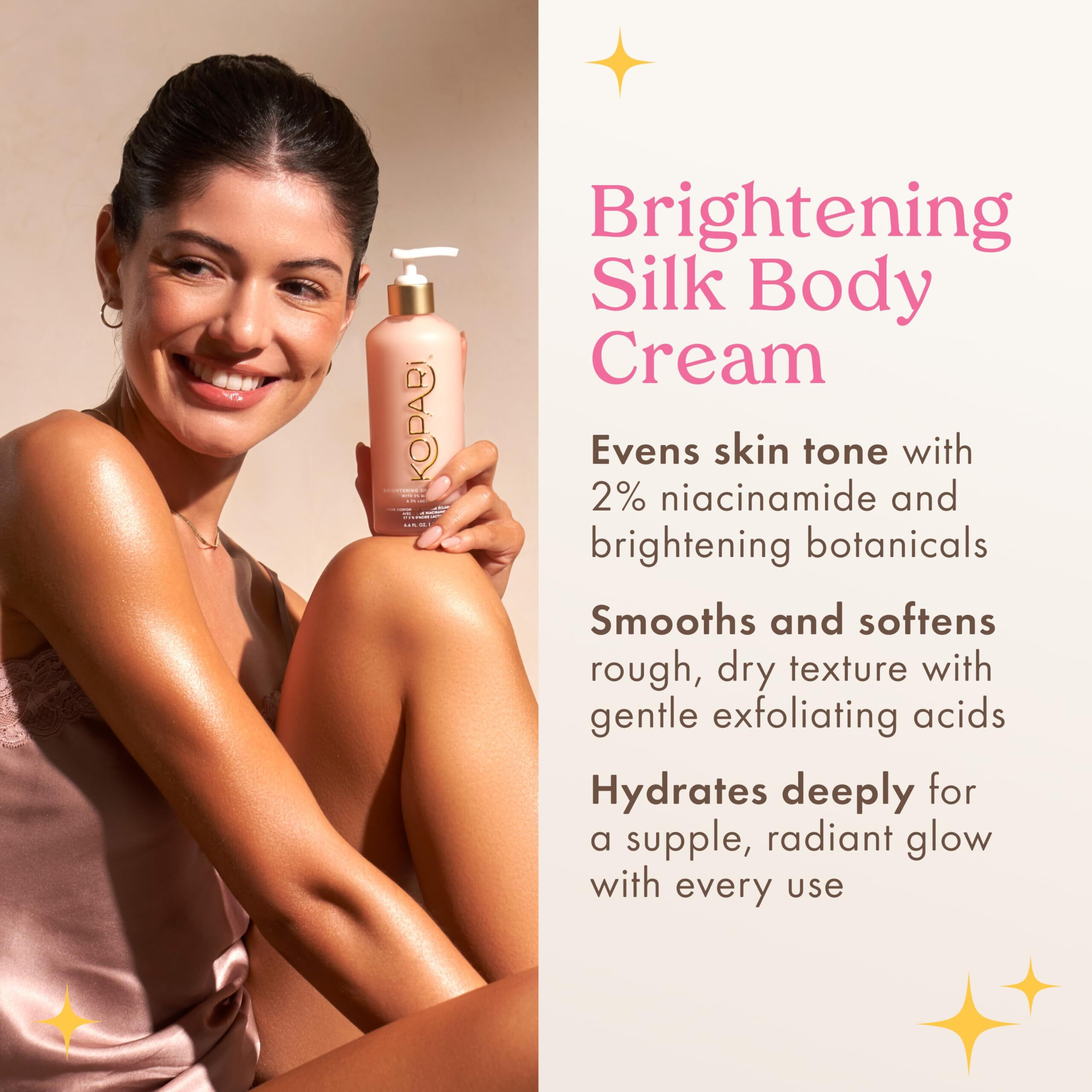Kopari Brightening Silk Body Cream With 2% Niacinamide, Ahas & Kakadu Plum - Hydrating Body Lotion For Radiant, Even Skin Tone, Lightweight, Fast-Absorbing, Juicy Pink Guava Scent, 6.7 Oz