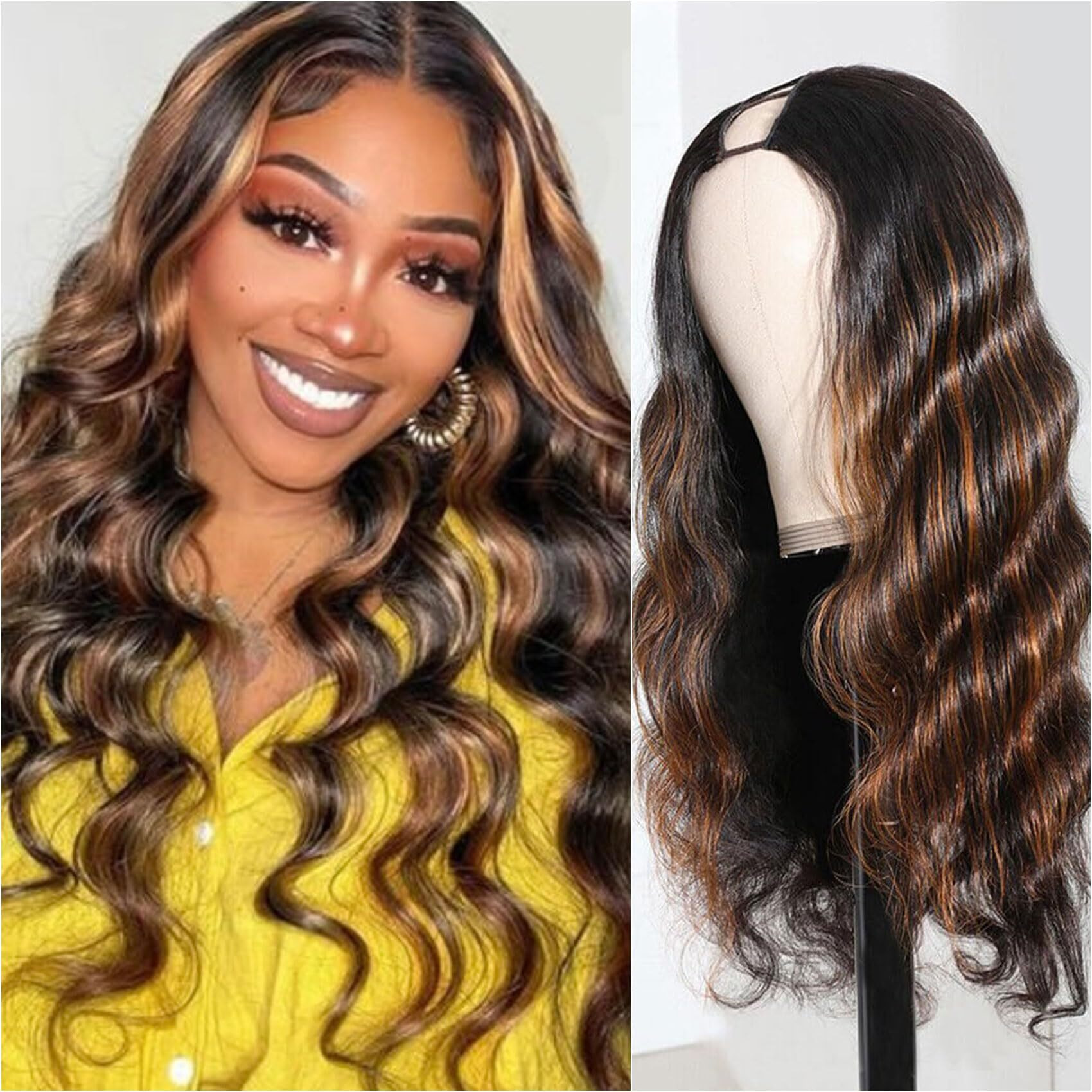 V Part Wig Human Hair Body Wave Glueless No Leave Out Upgrade 16 Inch U Part Wigs Human Hair Clip In Half Wigs 100% Real Human Hair Elastic Drawstring For Women 180% Density 1B/30