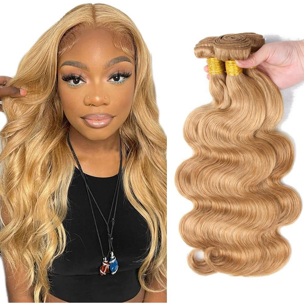 Color 27 Body Wave Bundles Honey Blonde Human Hair 3 Bundles Brazilian 100% Unprocessed Virgin Extensions Double Weft Bundle 10 12 14 Inch