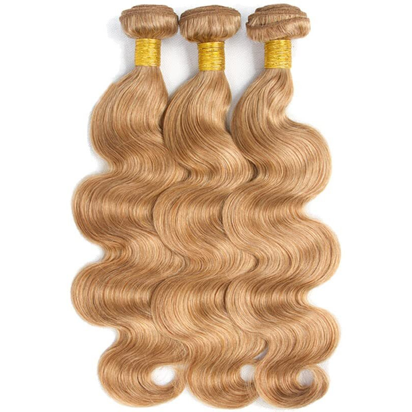 Color 27 Body Wave Bundles Honey Blonde Human Hair 3 Bundles Brazilian 100% Unprocessed Virgin Extensions Double Weft Bundle 10 12 14 Inch