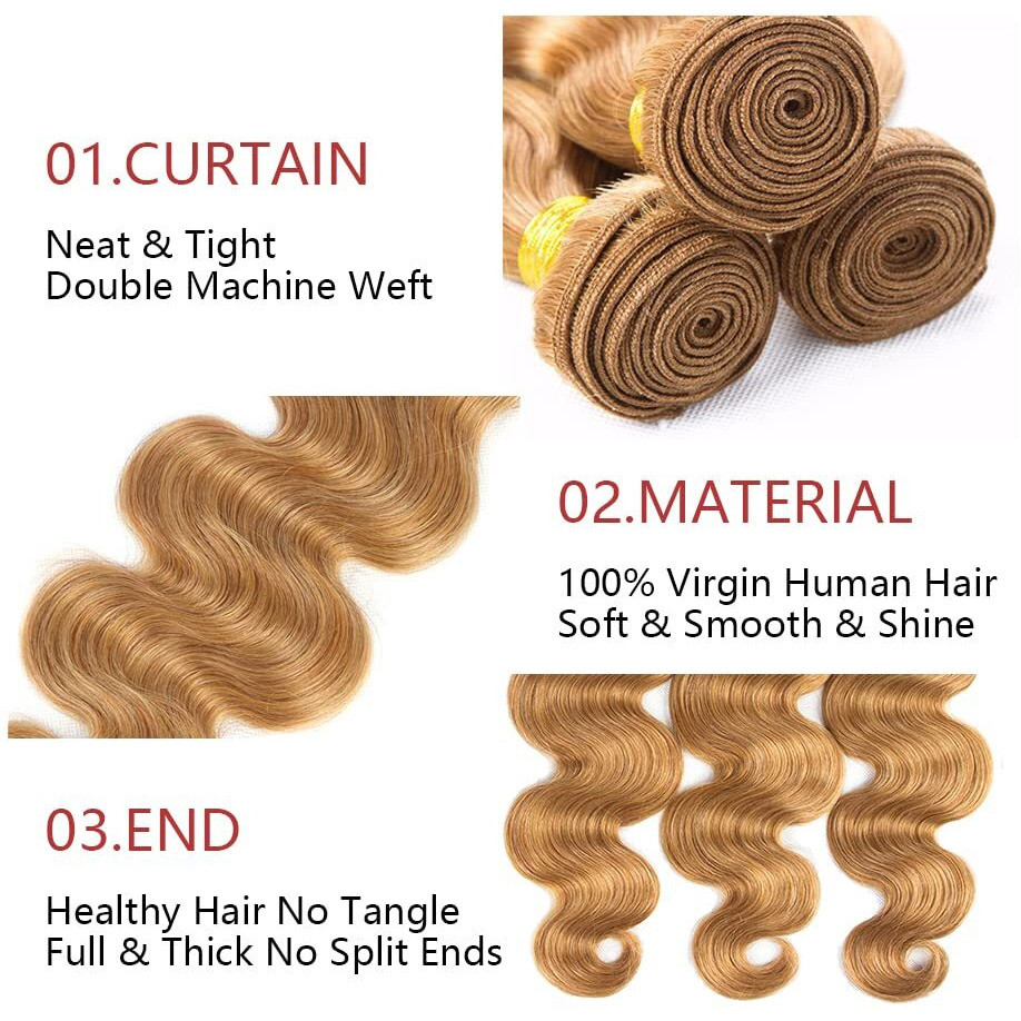 Color 27 Body Wave Bundles Honey Blonde Human Hair 3 Bundles Brazilian 100% Unprocessed Virgin Extensions Double Weft Bundle 10 12 14 Inch