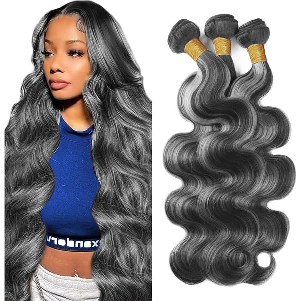 P1Bgray Bundles Ombre Body Wave Human Hair Bundle Highlight Grey Body Wave Bundle Two Tone Black Mixed With Silver 3 Bundles 26 26 26 Inch 1Bgrey Hair Weave