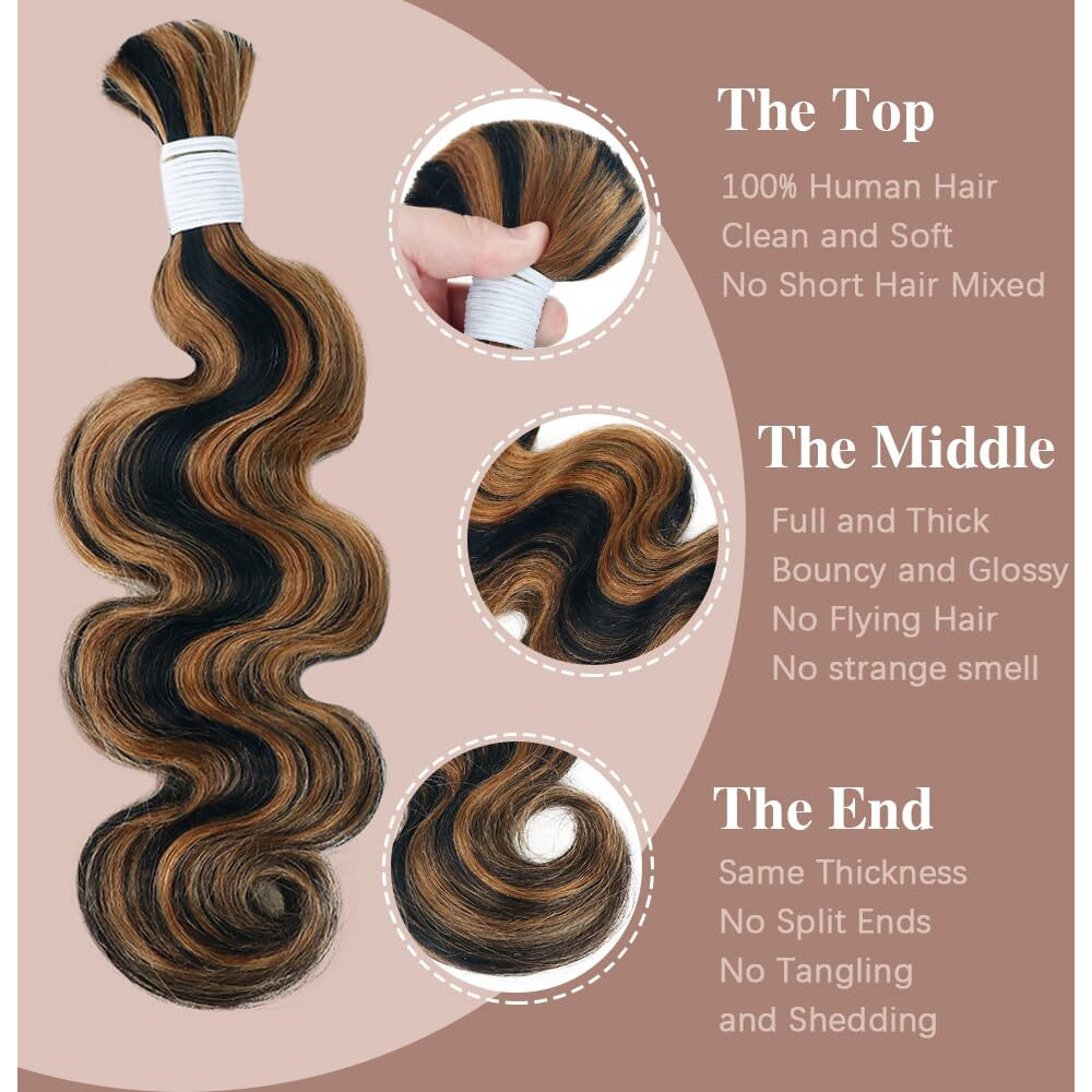 Goulus P1B/30 Body Wave Bulk Human Hair For Braiding No Weft Boho Braids Human Hair Brading Hair Extensions 100G One Bundle Wet And Wavy Human Braiding Hair For Boho Braids(18Inch, P1B/30 Body)