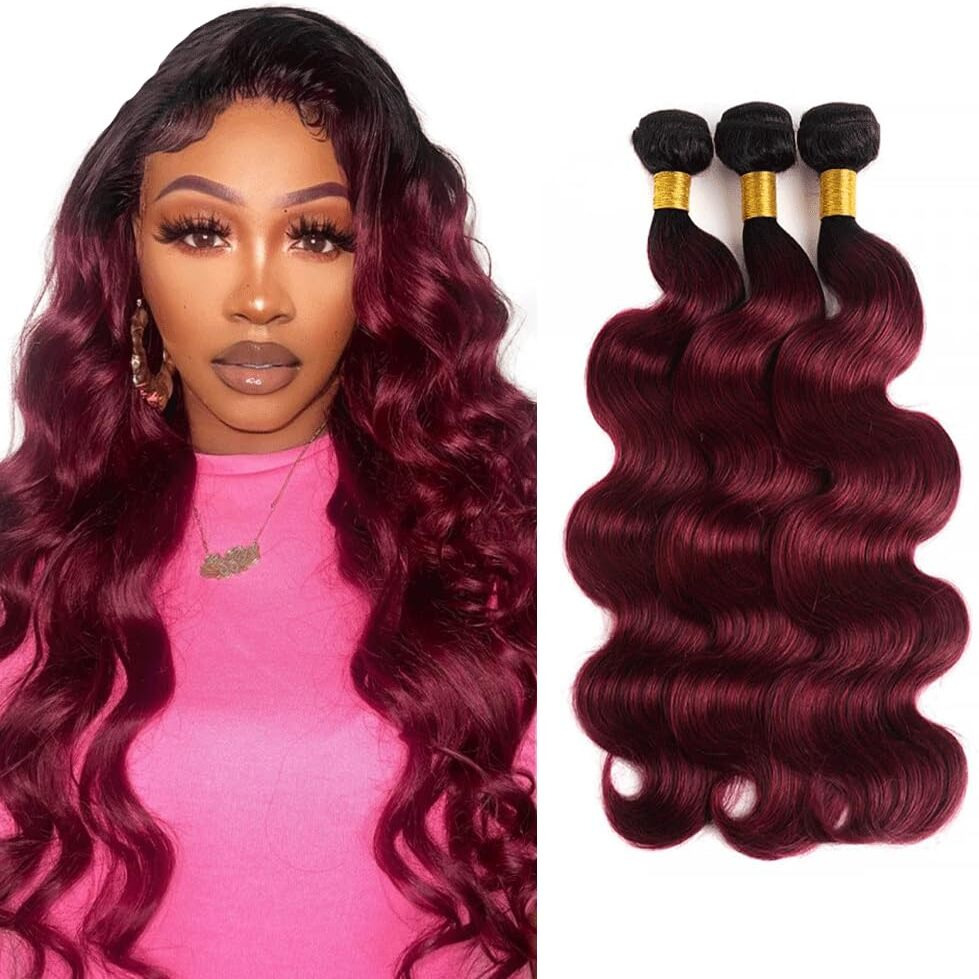 1B99J Bundle Wine Red Body Wave Human Hair Bundles Raivide Peruvian Virgin Hair 12 14 16 Inch Burgundy Body Wave Bundles Human Hair Weave Ombre Bundle