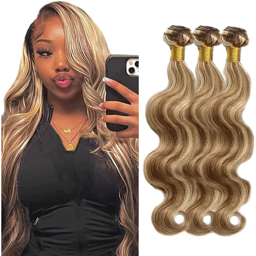 P4613 Bundle Ombre Brown Body Wave Human Hair Bundles Highlight Blonde Body Wave Bundle Two Tone Dark Brown Mixed With 613 Blonde 3 Bundles 16 16 16 Inch 300G