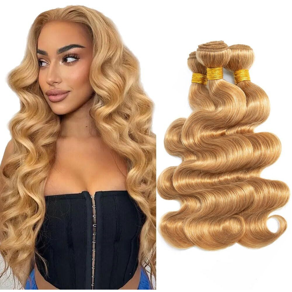 Honey Blonde Human Hair Color 27 Bundles Human Hair Unprocessed Brazilian Virgin Hair 12 14 16 Inch Color 27 Body Wave Bundles