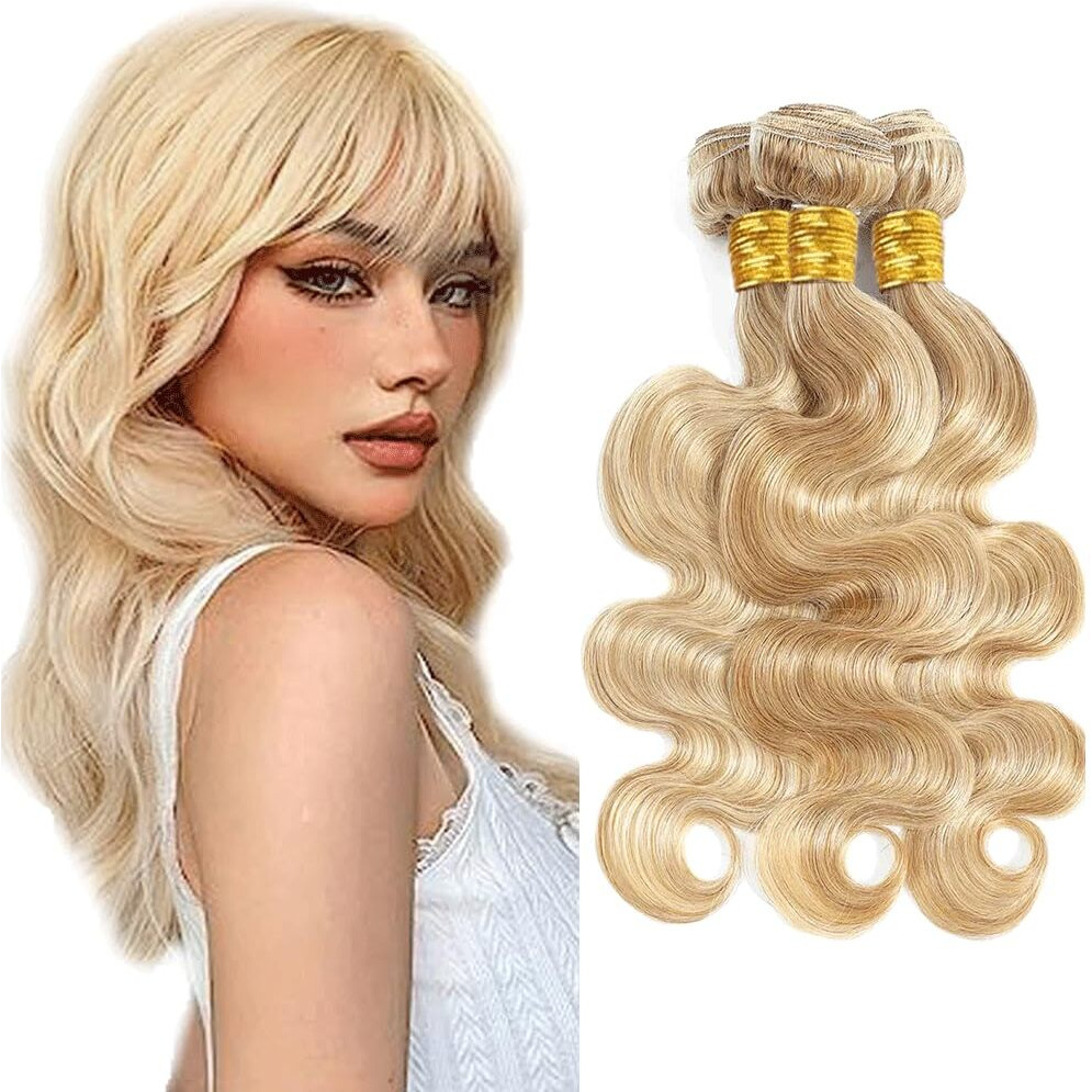 P27613 Bundles Highlight Body Wave Human Hair Bundles Two Tone Honey Blonde Mixed With Blonde Bundles 613 Body Wave Bundles Hair Weave 3 Bundles 12 14 16 Inch